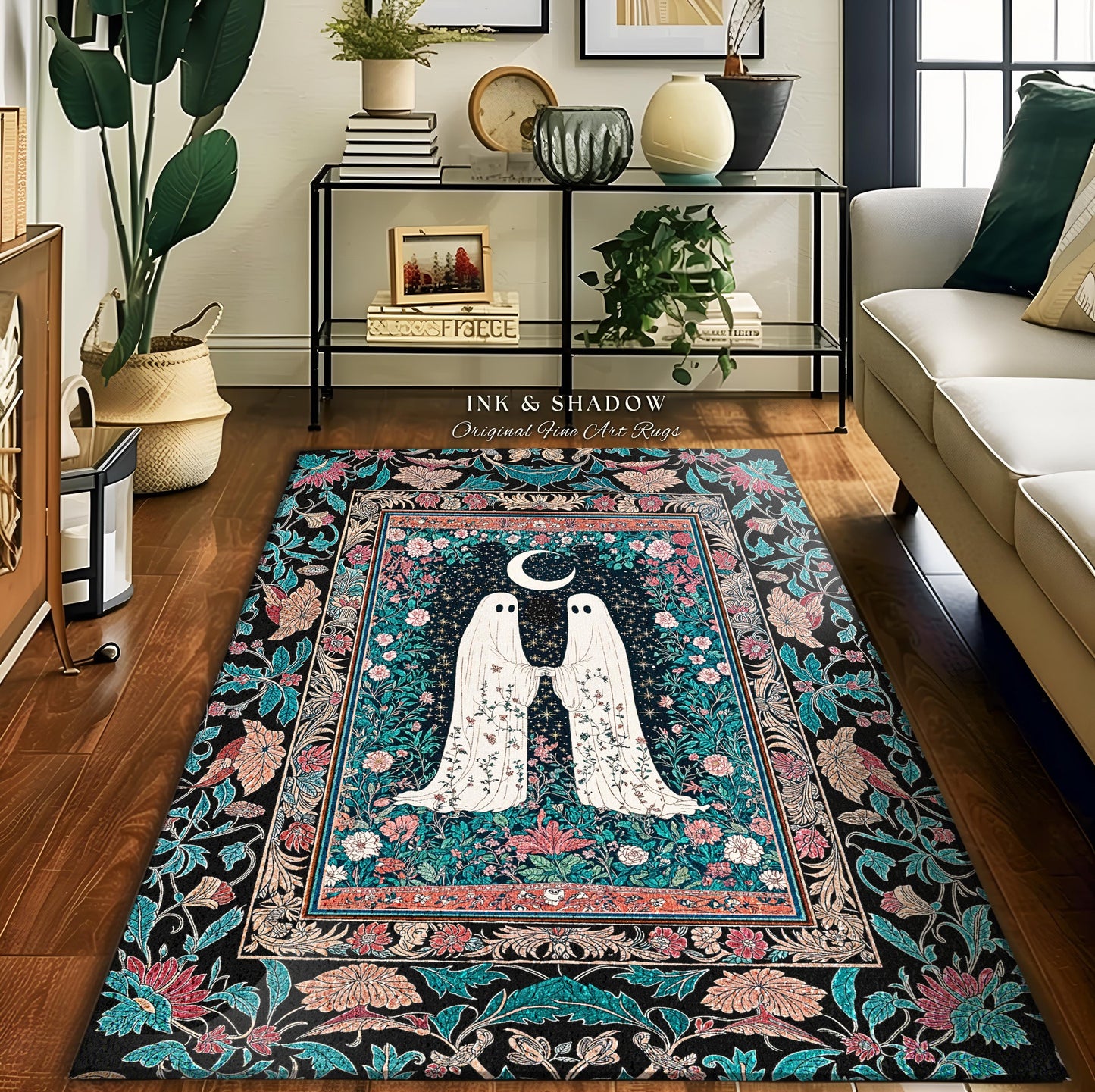 Jewel Toned Botanical Ghost Rug | Dark Cottagecore Halloween Bedroom Decor Celestial Accent Whimsigoth Spirit Gothic Starry Cozy Aesthetic |