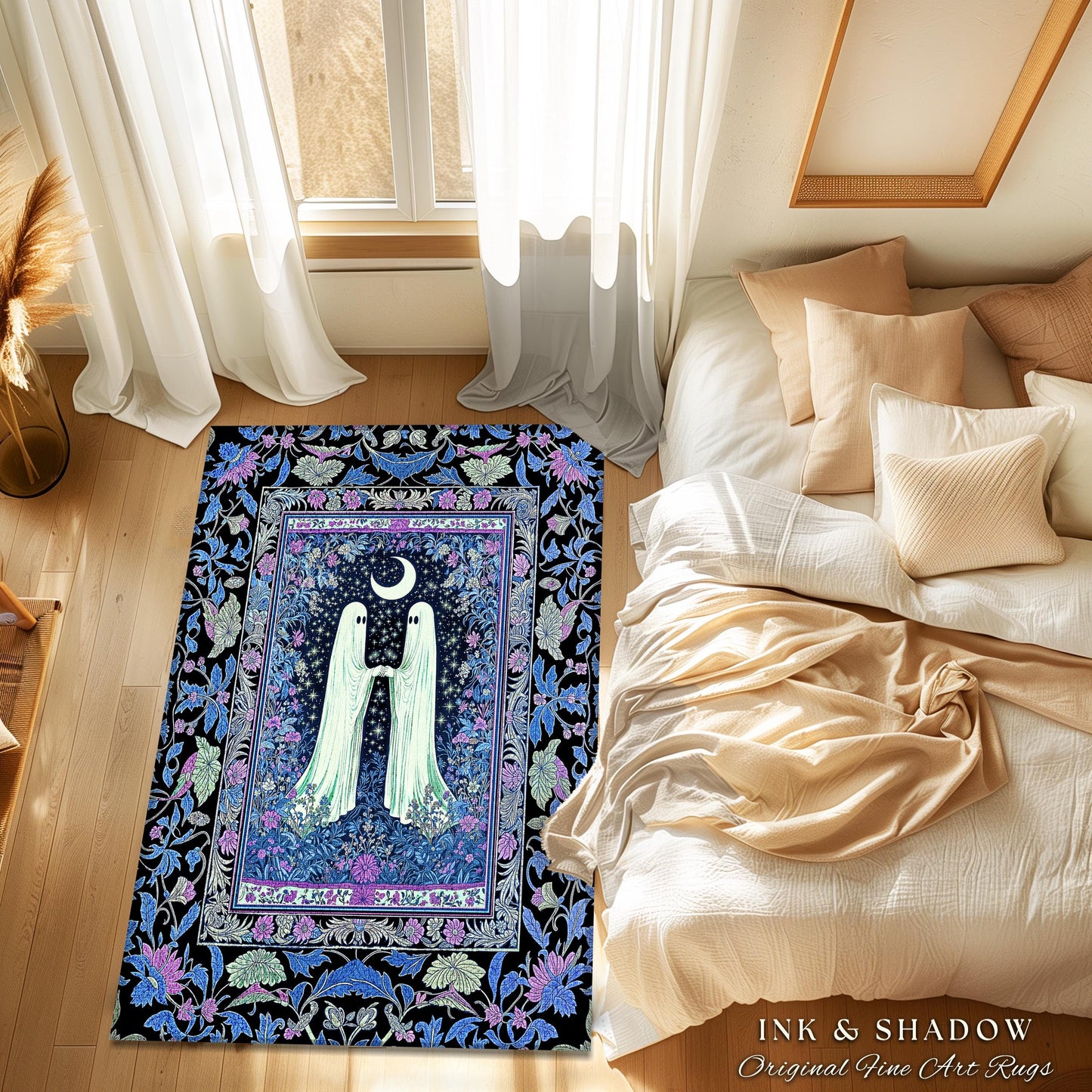 Indigo Lavender Ghost Accent Rug | Cottagecore Celestial Bedroom Decor Whimsigoth Spirits Cozy Retro Halloween Enchanted Night Gothic Style