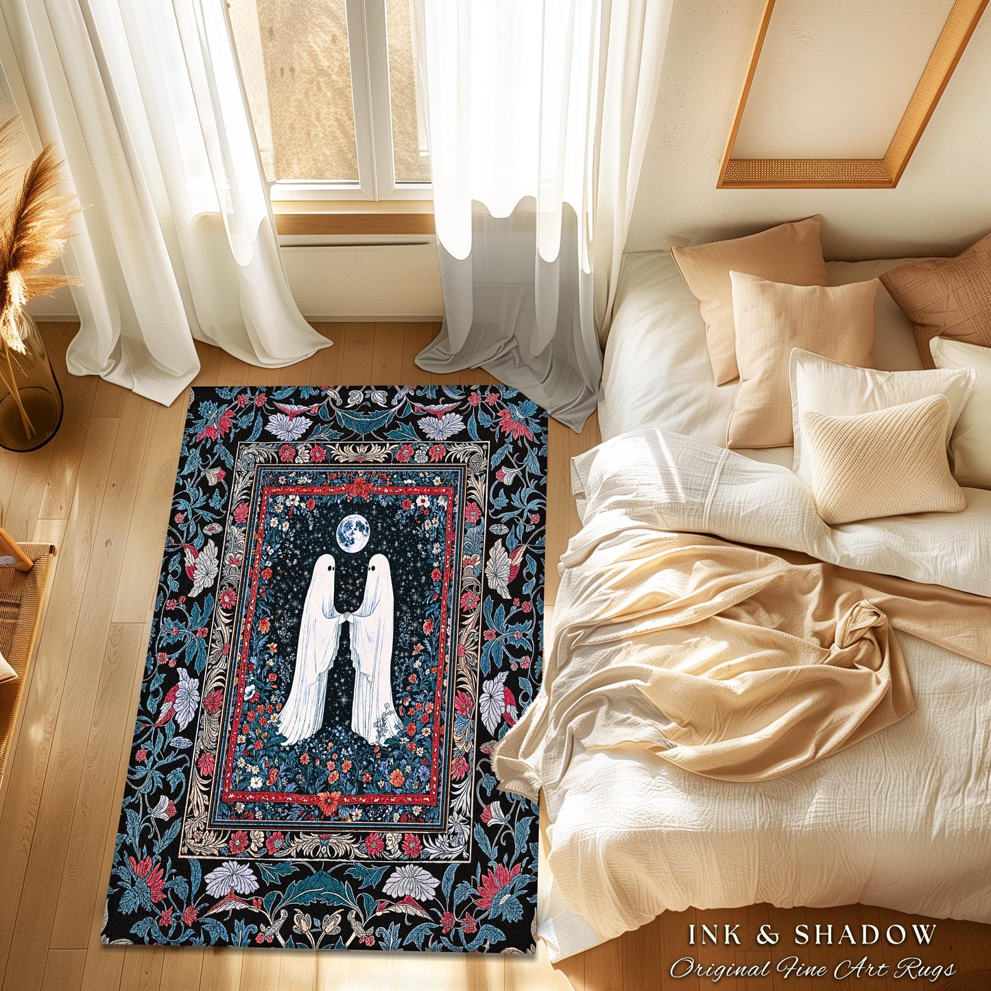 Crimson Gilded Ghost Lovers Rug | Dark Cottagecore Accent Celestial Bedroom Decor Witch-Inspired Whimsigoth Gothic Enchanted Cozy Aesthetic