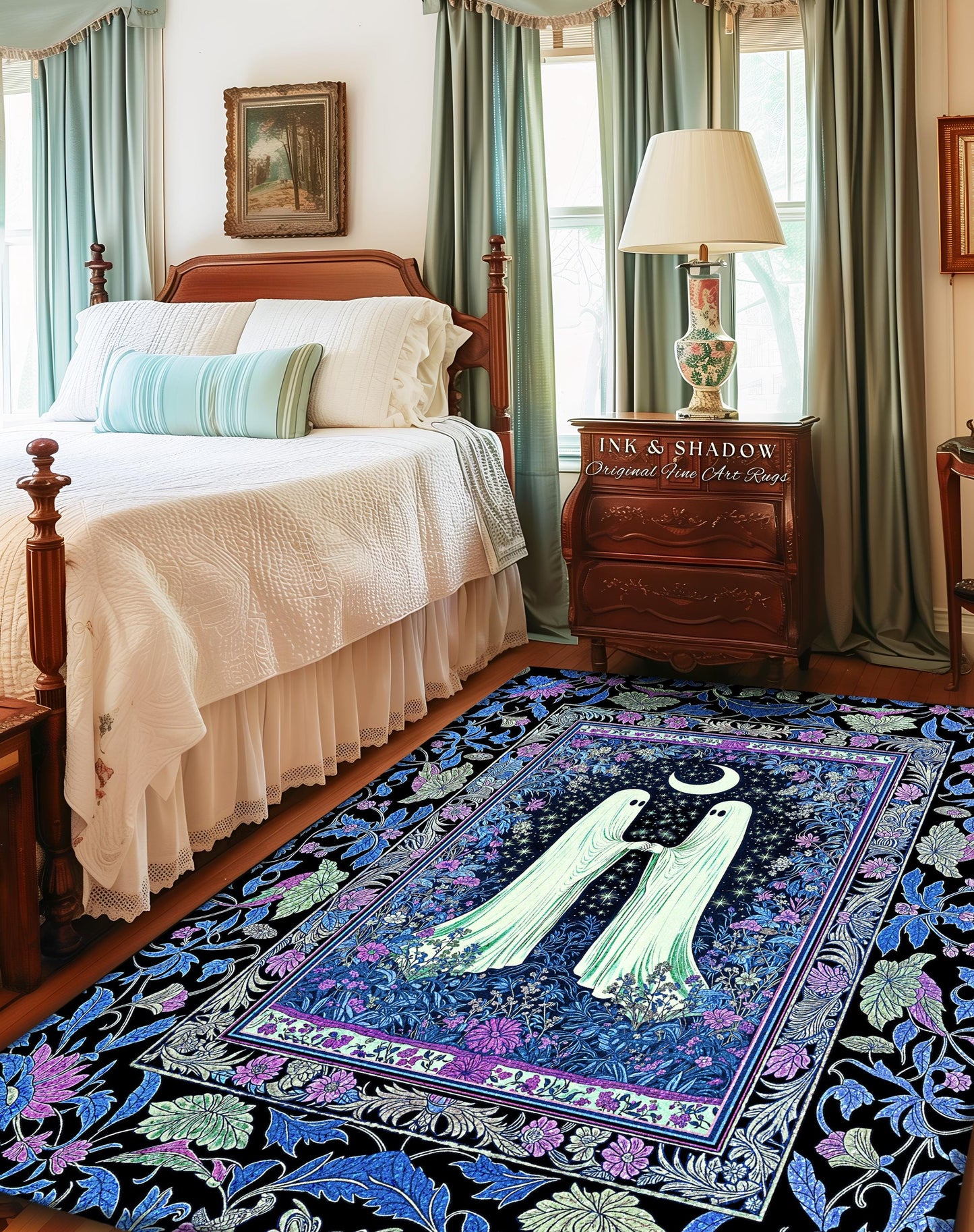Indigo Lavender Ghost Accent Rug | Cottagecore Celestial Bedroom Decor Whimsigoth Spirits Cozy Retro Halloween Enchanted Night Gothic Style
