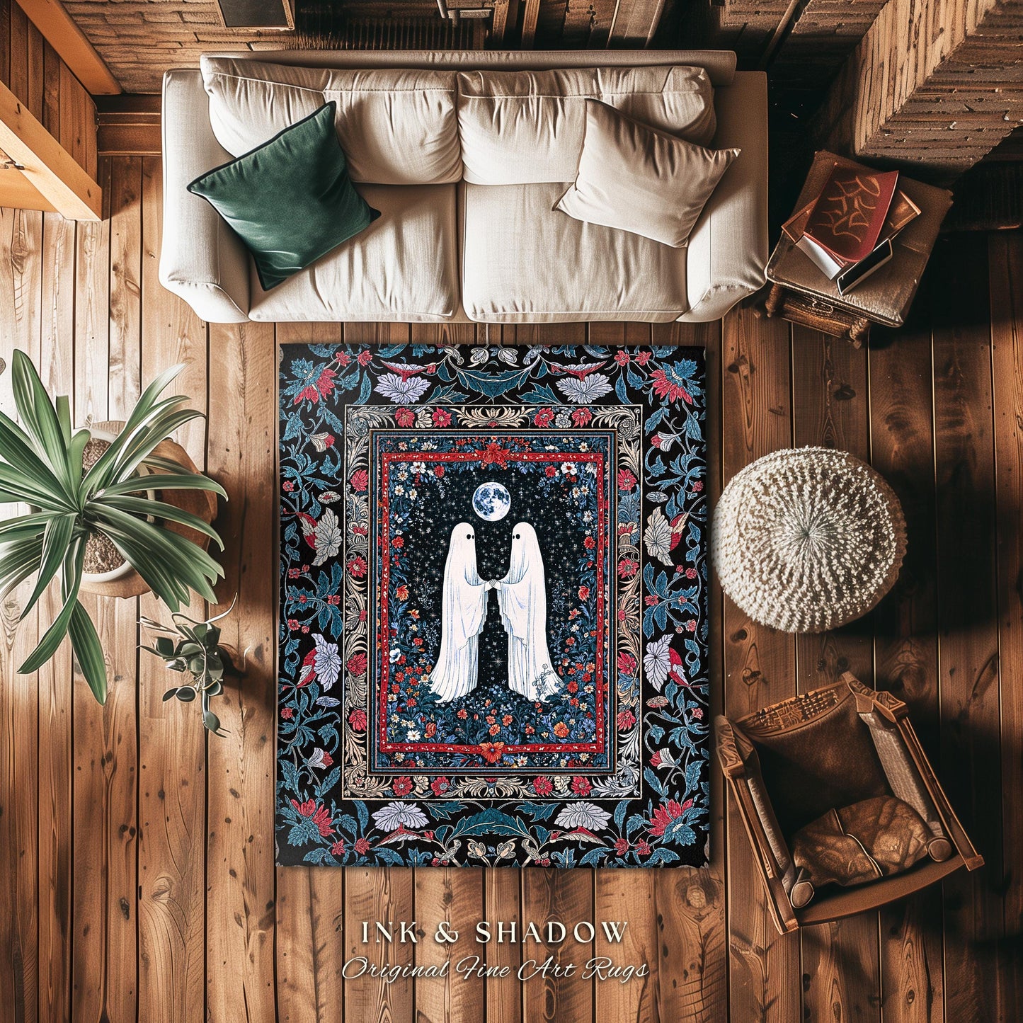 Crimson Gilded Ghost Lovers Rug | Dark Cottagecore Accent Celestial Bedroom Decor Witch-Inspired Whimsigoth Gothic Enchanted Cozy Aesthetic
