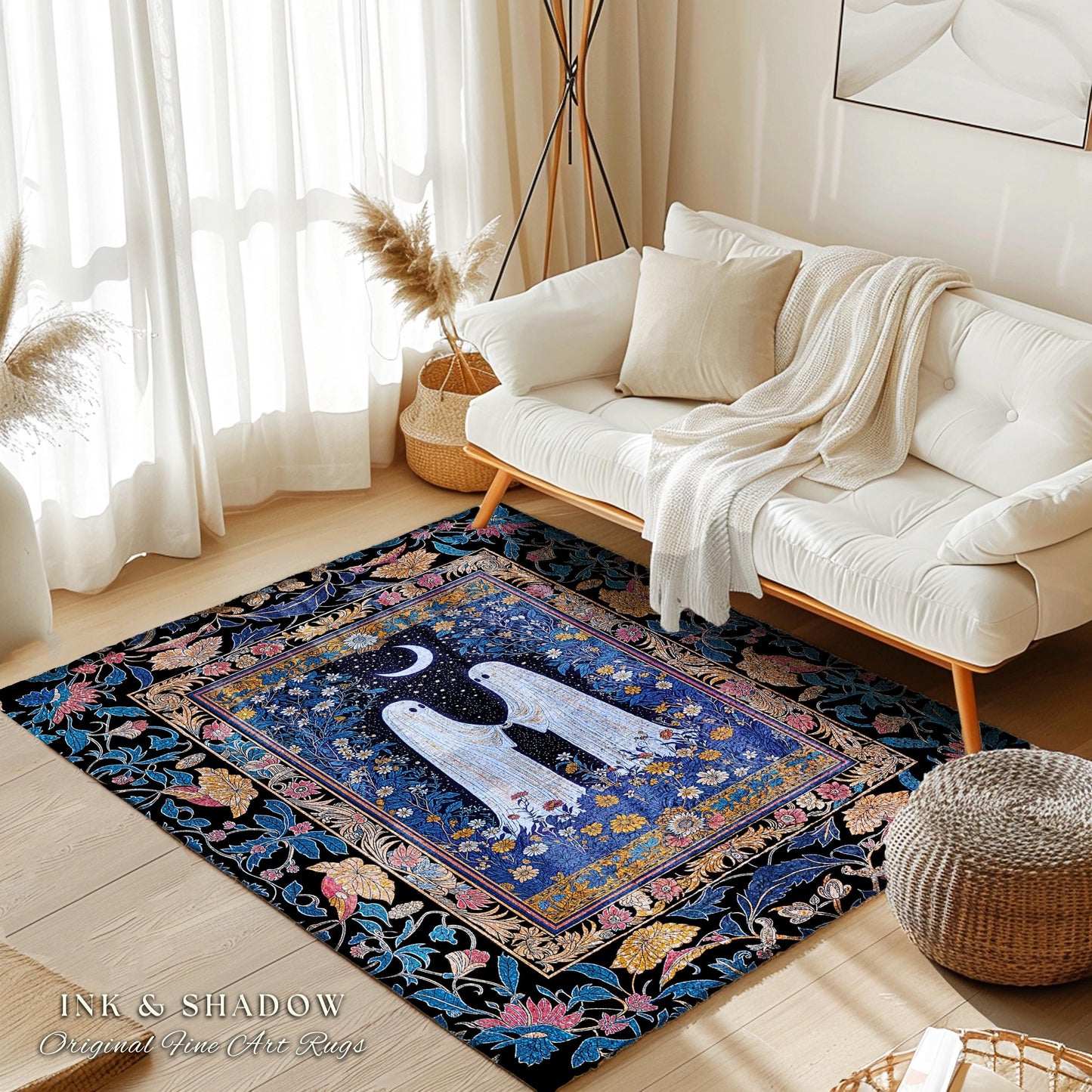 Midnight Garden Spirits Area Rug | Whimsical Halloween Bedroom Accent Celestial Decor Cottagecore Witchy Whimsigoth Aesthetic Dark Academia