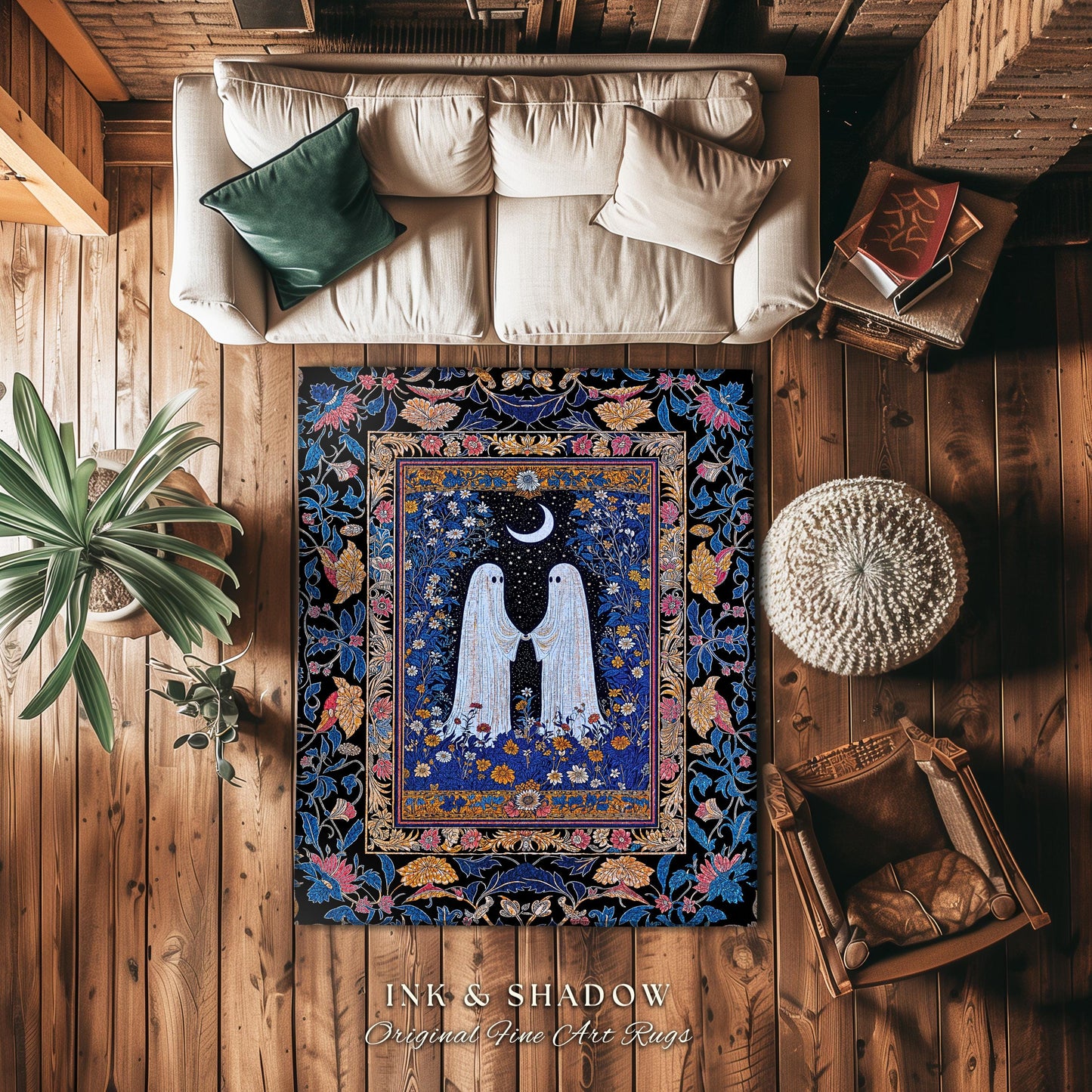 Midnight Garden Spirits Area Rug | Whimsical Halloween Bedroom Accent Celestial Decor Cottagecore Witchy Whimsigoth Aesthetic Dark Academia