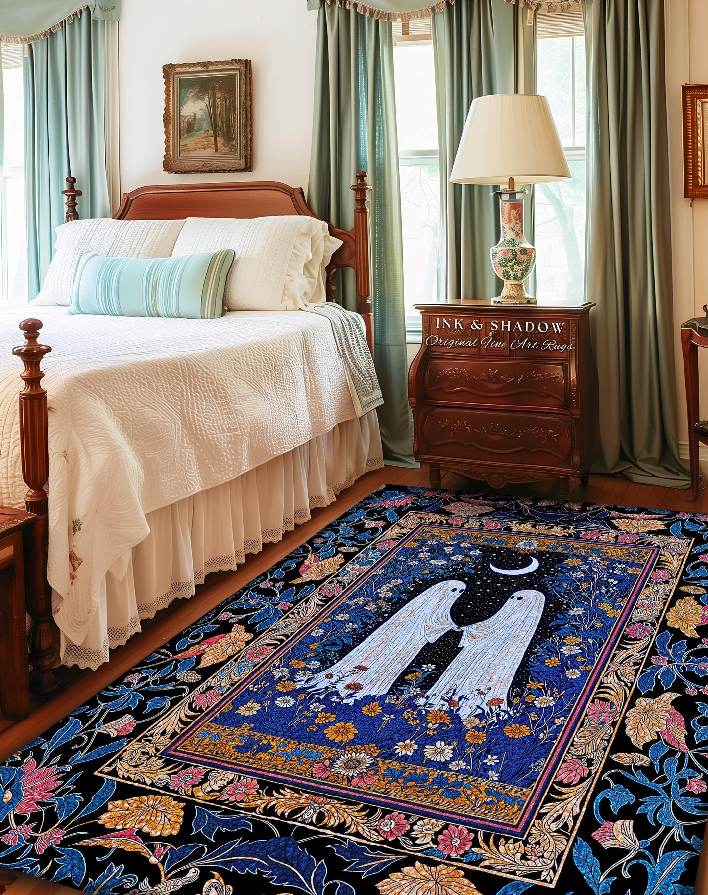 Midnight Garden Spirits Area Rug | Whimsical Halloween Bedroom Accent Celestial Decor Cottagecore Witchy Whimsigoth Aesthetic Dark Academia