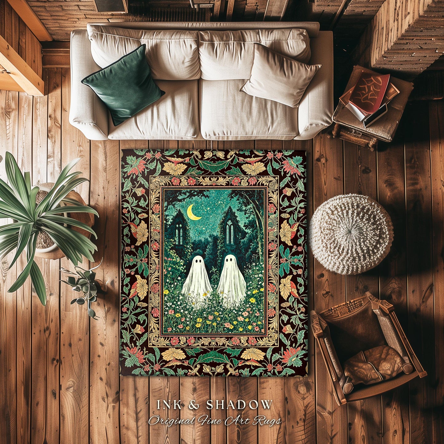 Twilight Floral Ghost Area Rug | Dark Academia Woodland Bedroom Accent Spooky Decor Witchy Fairytale Rug Enchanted Forest Cute Halloween |