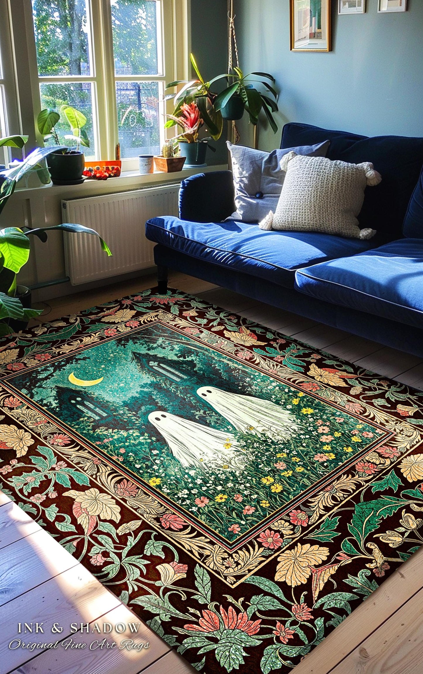Twilight Floral Ghost Area Rug | Dark Academia Woodland Bedroom Accent Spooky Decor Witchy Fairytale Rug Enchanted Forest Cute Halloween |