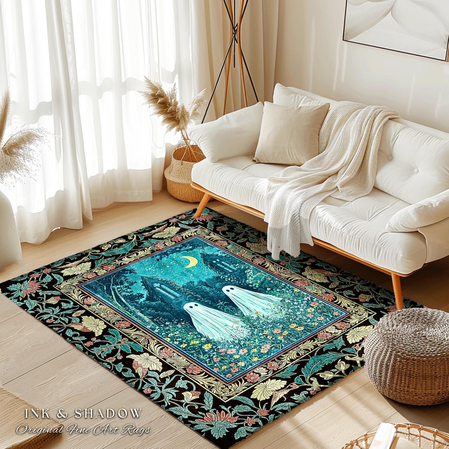Witchy Baroque Ghost Garden Rug | Cozy Halloween Accent Enchanted Ghost Decor Whimsical Academia Bedroom Celestial Cottagecore Floral Style