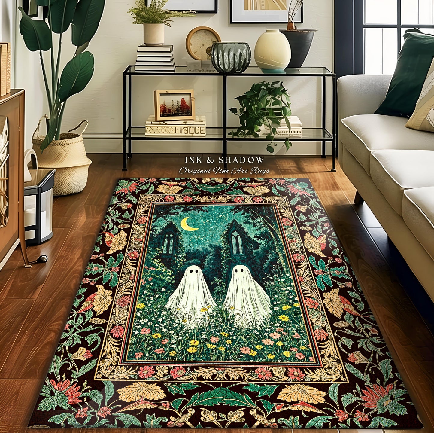 Twilight Floral Ghost Area Rug | Dark Academia Woodland Bedroom Accent Spooky Decor Witchy Fairytale Rug Enchanted Forest Cute Halloween |