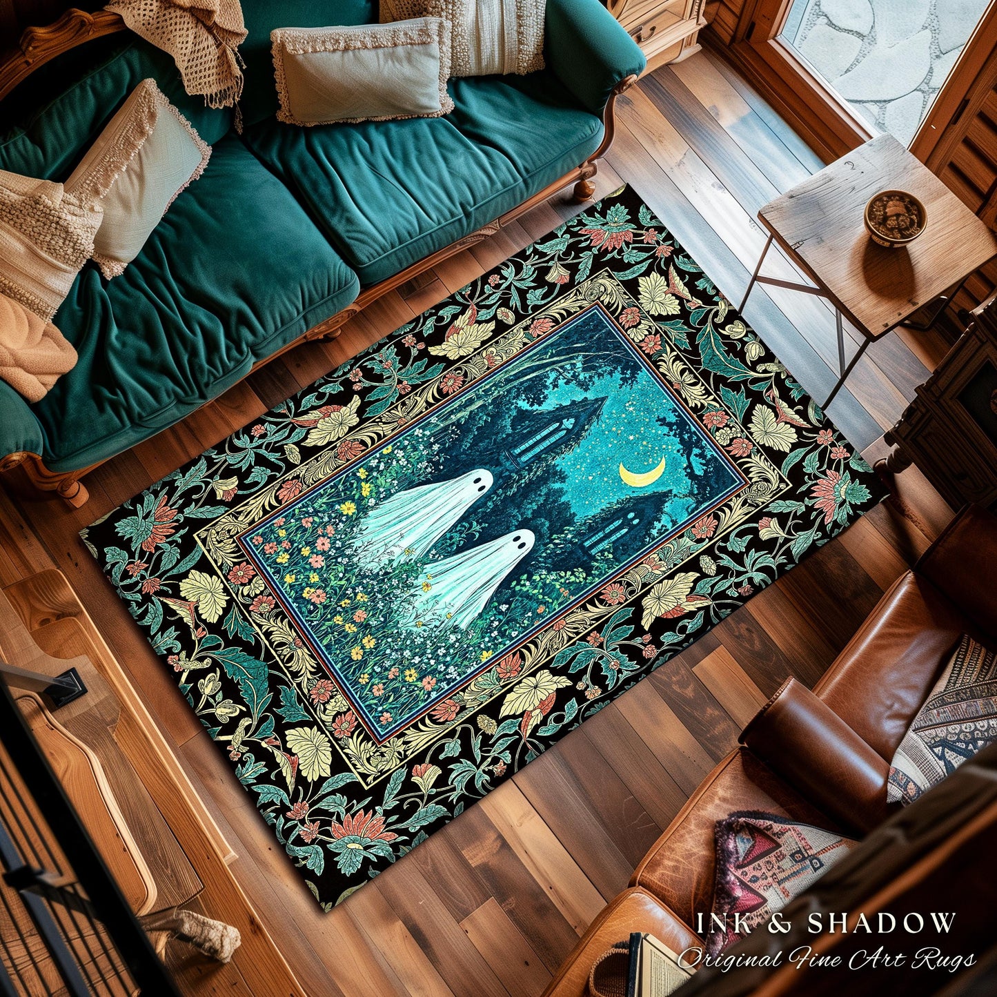 Witchy Baroque Ghost Garden Rug | Cozy Halloween Accent Enchanted Ghost Decor Whimsical Academia Bedroom Celestial Cottagecore Floral Style