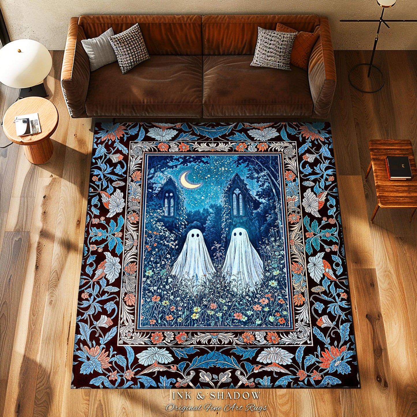 Phantom Friends Celestial Ghost Rug | Whimsical Dark Cottagecore Bedroom Accent Spooky Cute Halloween Decor Enchanted Gothic Dark Academia