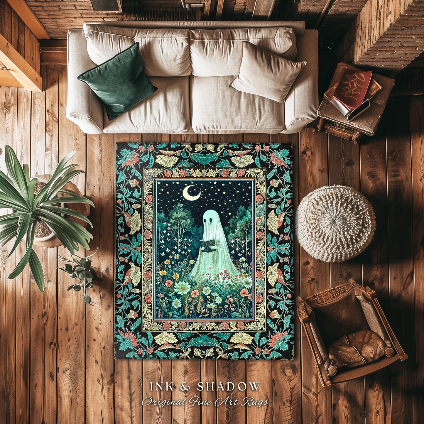 Twilight Magic Reading Ghost Rug | Mystical Cottagecore Halloween Rug Celestial Haunted Book Nook Accent Whimsigoth Home Decor Bookish Style