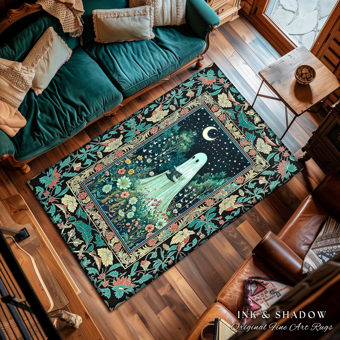 Twilight Magic Reading Ghost Rug | Mystical Cottagecore Halloween Rug Celestial Haunted Book Nook Accent Whimsigoth Home Decor Bookish Style