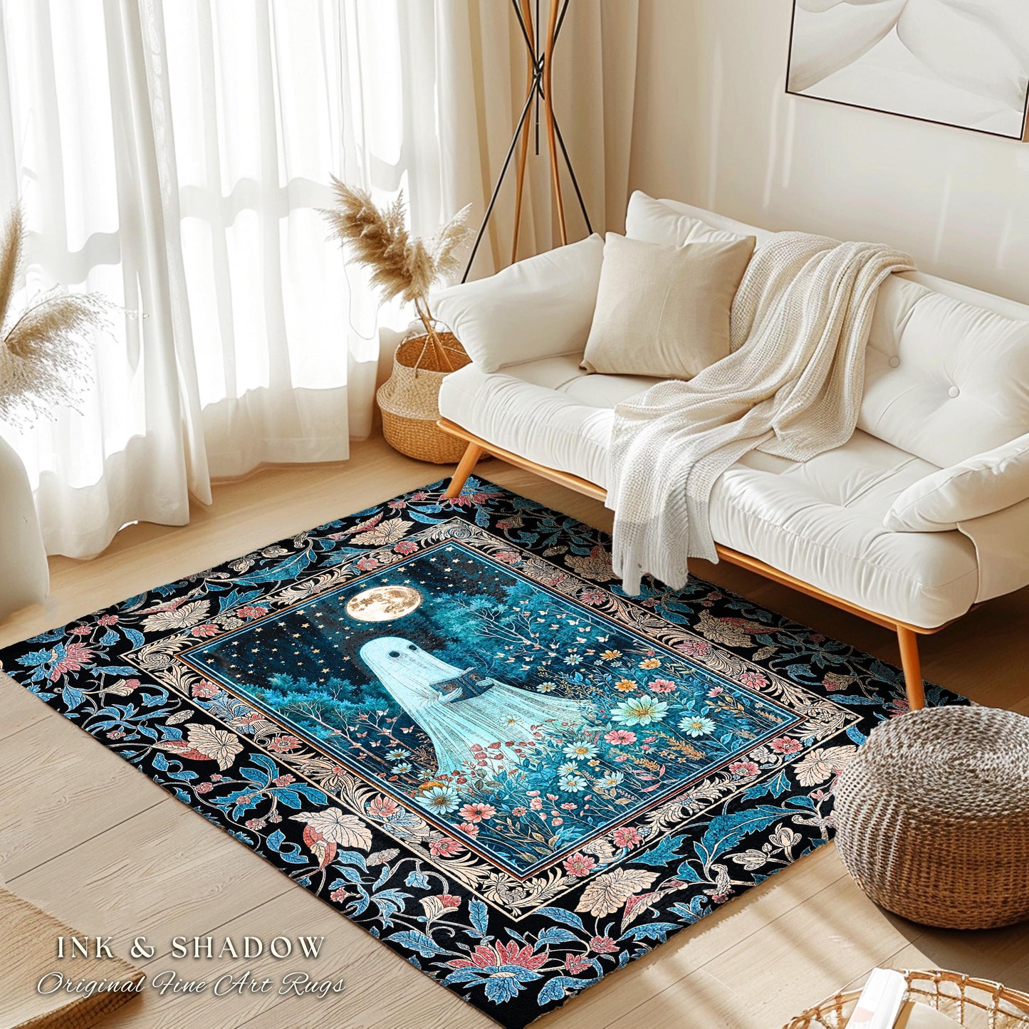 Dark Floral Full Moon Ghost Area Rug | Whimsigoth Book Nook Rug Mystical Halloween Accent Cottagecore Bedroom Reader Home Decor Autumn Style