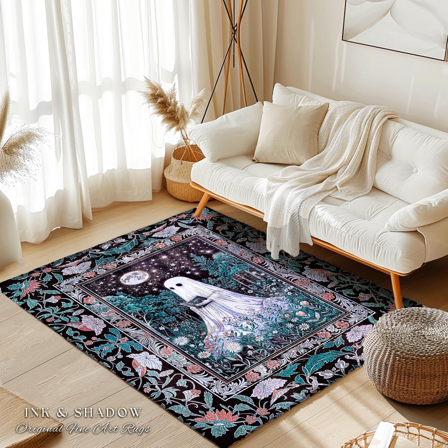 Bookish Aesthetic Celestial Ghost Rug | Mystical Cottagecore Bedroom Accent Halloween Reading Rug Whimsigoth Home Decor Witchy Gothic Style