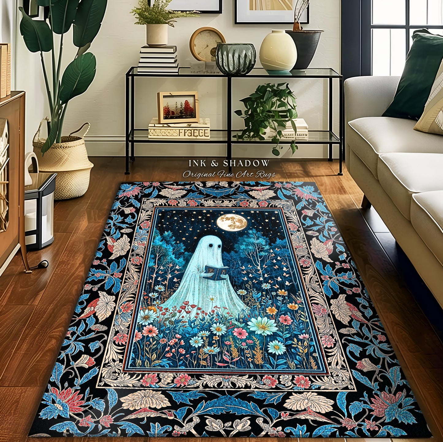 Dark Floral Full Moon Ghost Area Rug | Whimsigoth Book Nook Rug Mystical Halloween Accent Cottagecore Bedroom Reader Home Decor Autumn Style