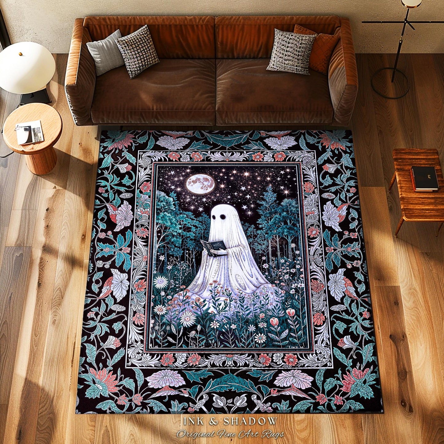 Bookish Aesthetic Celestial Ghost Rug | Mystical Cottagecore Bedroom Accent Halloween Reading Rug Whimsigoth Home Decor Witchy Gothic Style