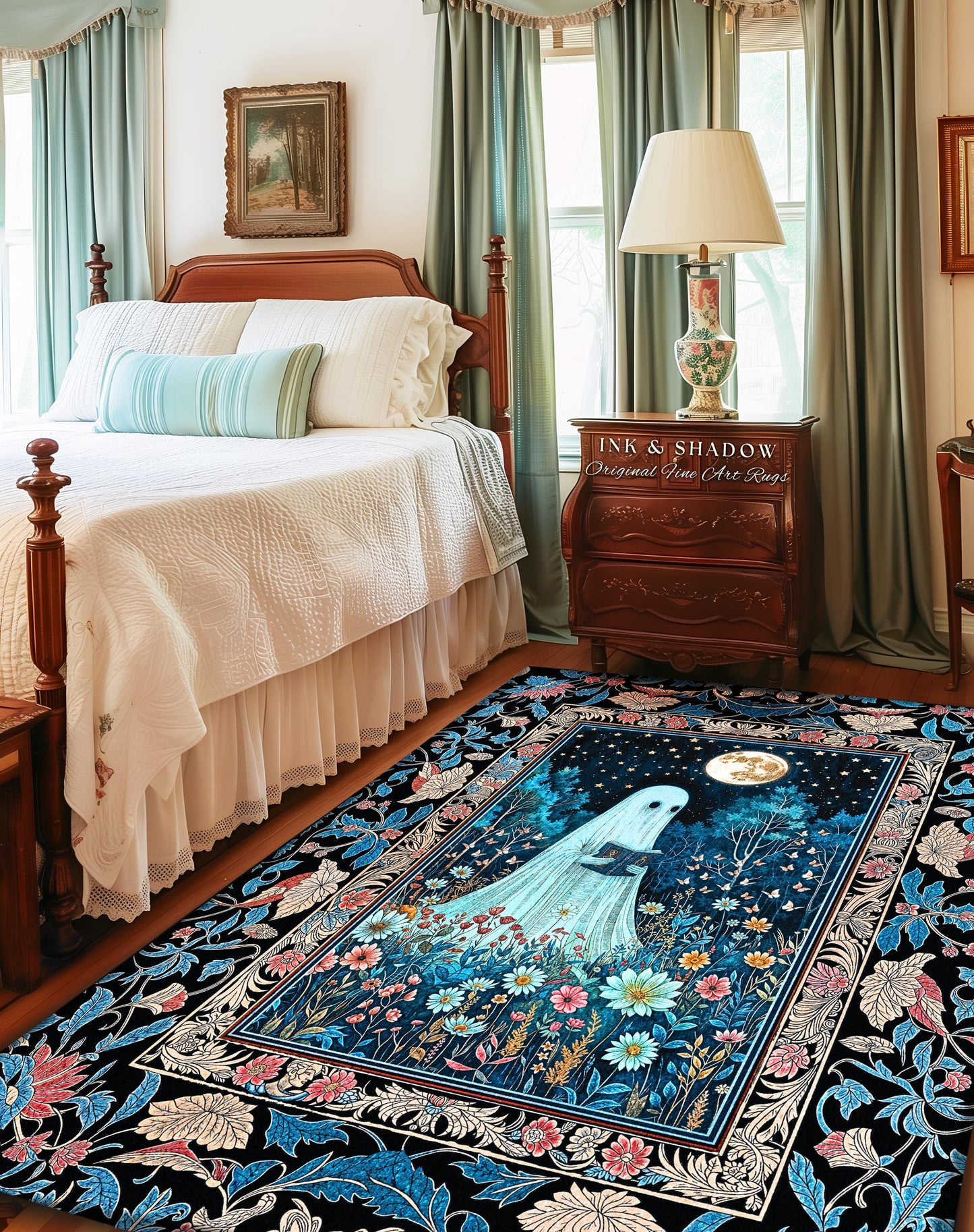 Dark Floral Full Moon Ghost Area Rug | Whimsigoth Book Nook Rug Mystical Halloween Accent Cottagecore Bedroom Reader Home Decor Autumn Style
