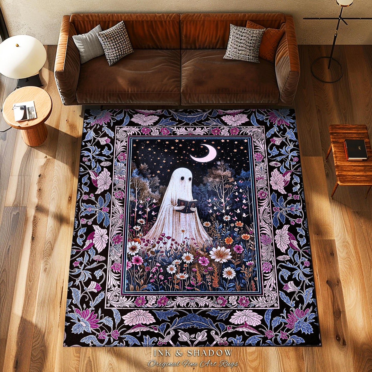 Pastel Witchy Reading Ghost Area Rug | Lavender Purple Whimsigoth Autumn Reading Bedroom Rug Mystical Cottagecore Decor Celestial Accent |