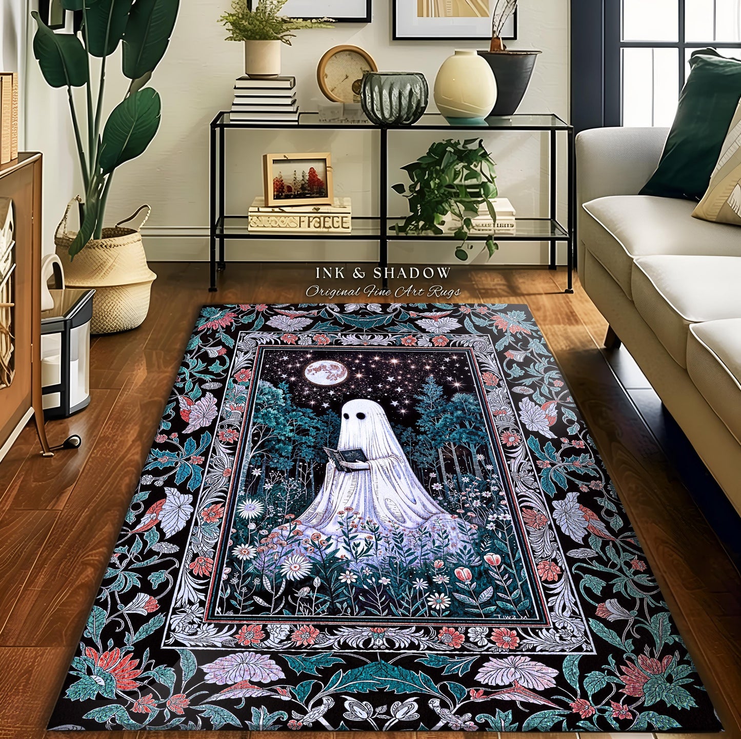 Bookish Aesthetic Celestial Ghost Rug | Mystical Cottagecore Bedroom Accent Halloween Reading Rug Whimsigoth Home Decor Witchy Gothic Style