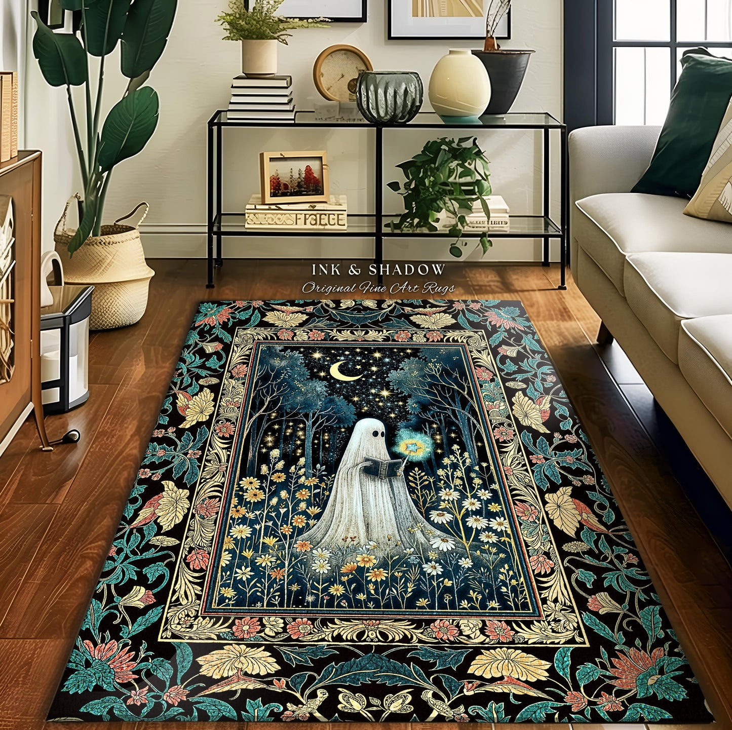 Magical Meadow Haunted Ghost Rug | Whimsigoth Halloween Cottagecore Bedroom Rug Mystic Gothic Decor Home Accent Fall Spirit Book Nook Style