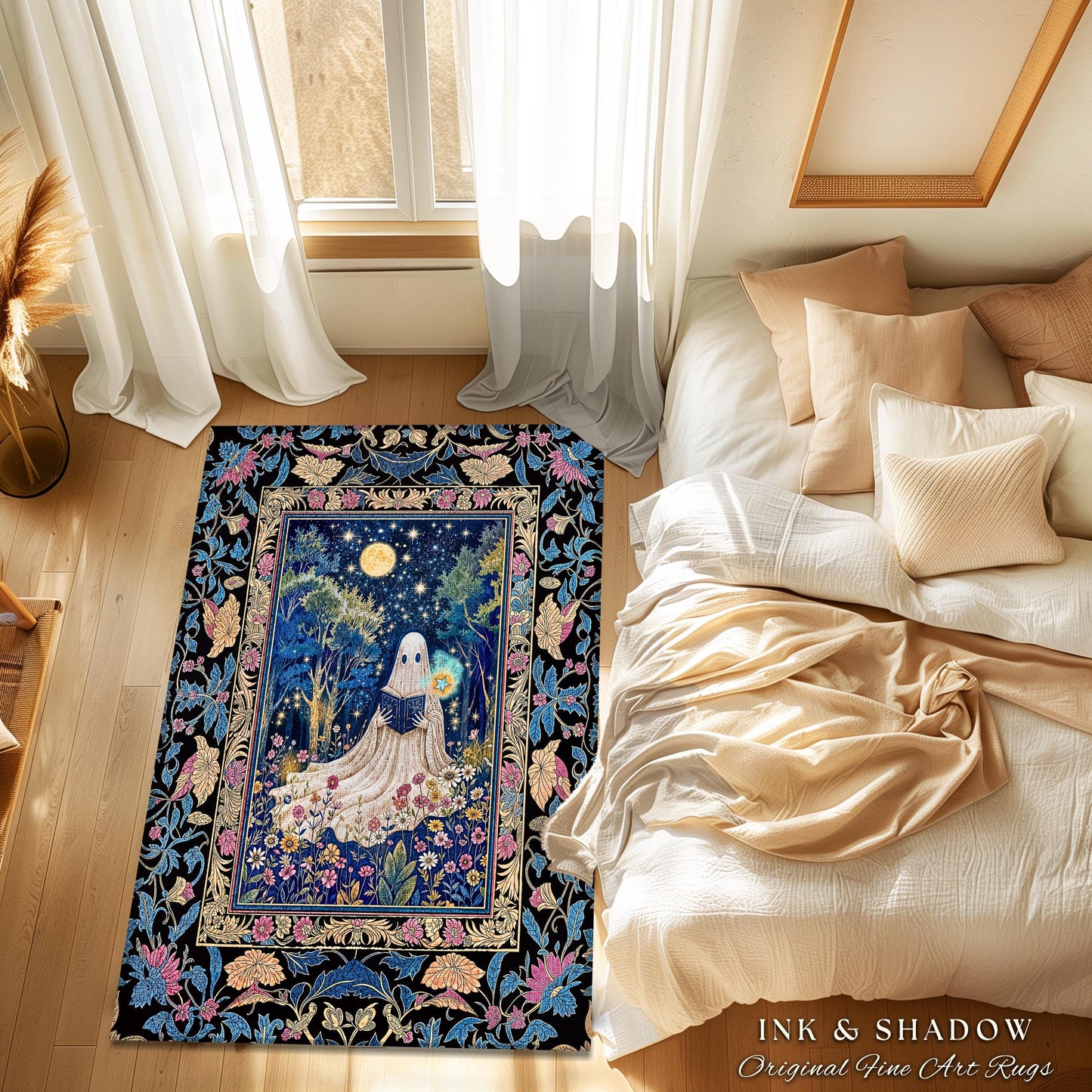 Spell Book Ghost Forest Area Rug | Mystical Book Rug Halloween Bedroom Decor Whimsigoth Cottagecore Reading Nook Celestial Autumn Home Style