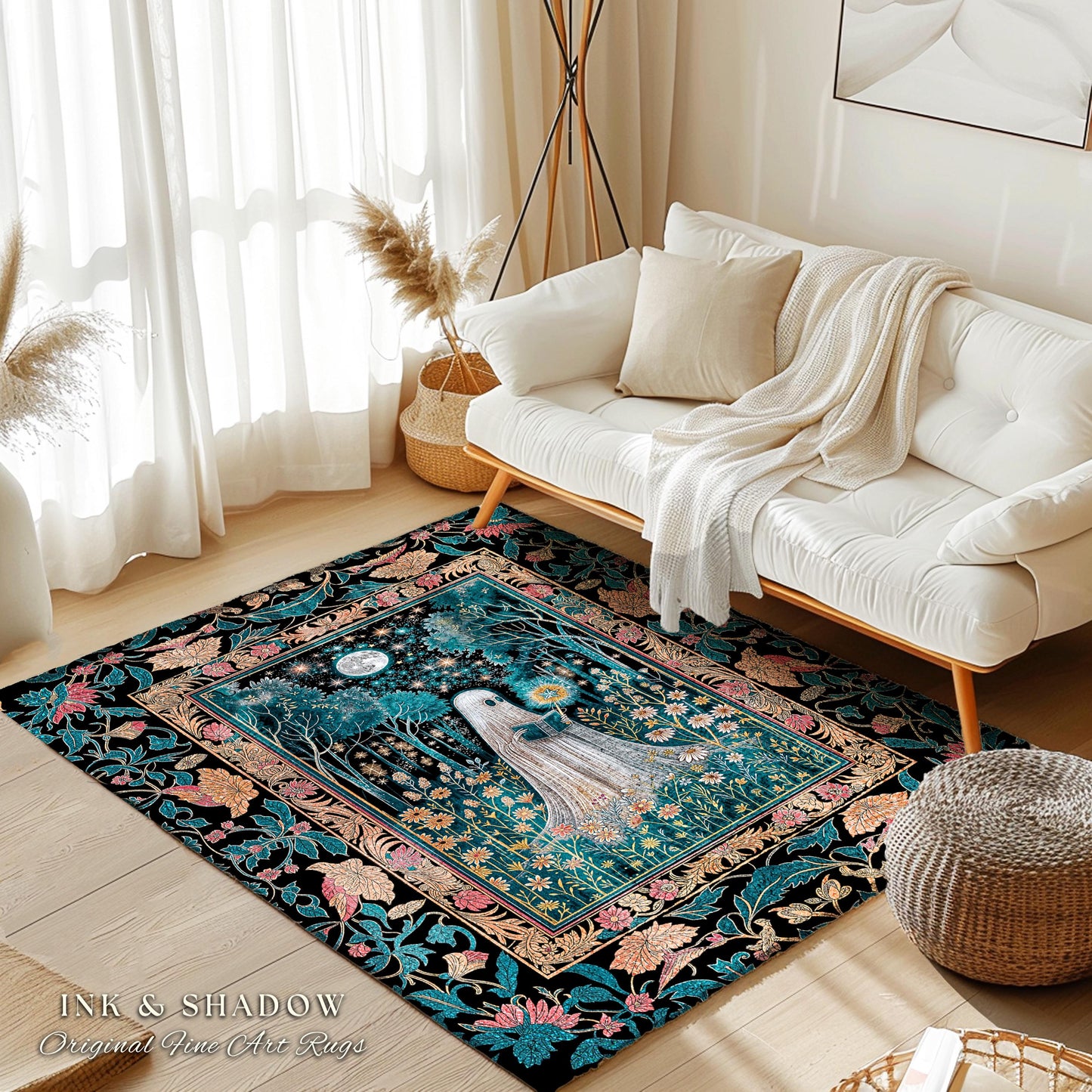 Daisy Garden Witchy Ghost Area Rug | Autumn Forest Accent Rug Whimsical Spirit Garden Reading Nook Celestial Gothic Bedroom Halloween Decor
