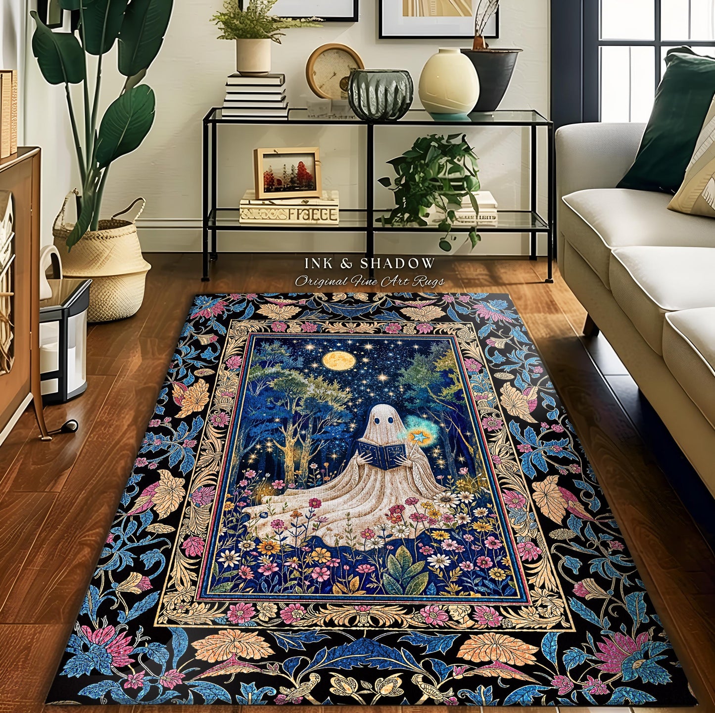 Spell Book Ghost Forest Area Rug | Mystical Book Rug Halloween Bedroom Decor Whimsigoth Cottagecore Reading Nook Celestial Autumn Home Style