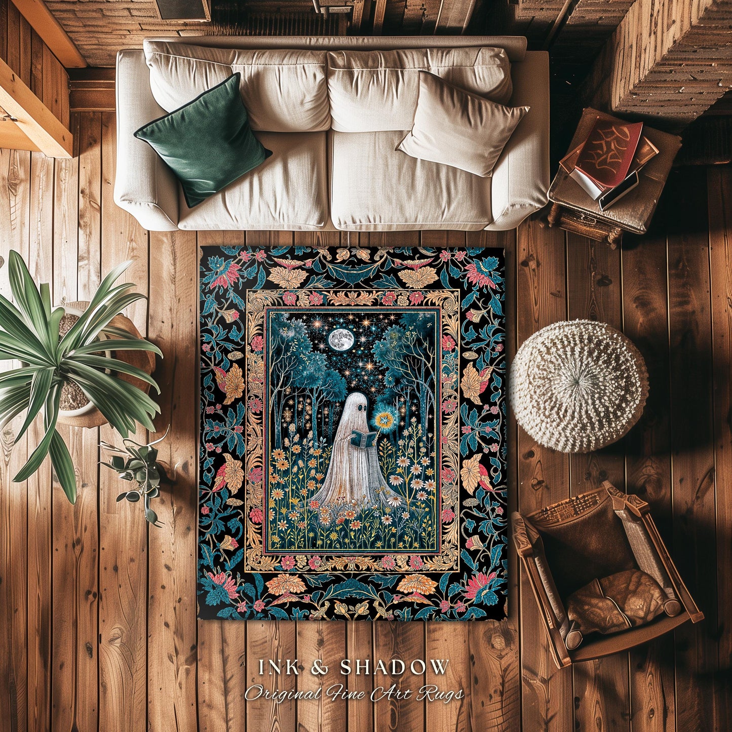Daisy Garden Witchy Ghost Area Rug | Autumn Forest Accent Rug Whimsical Spirit Garden Reading Nook Celestial Gothic Bedroom Halloween Decor