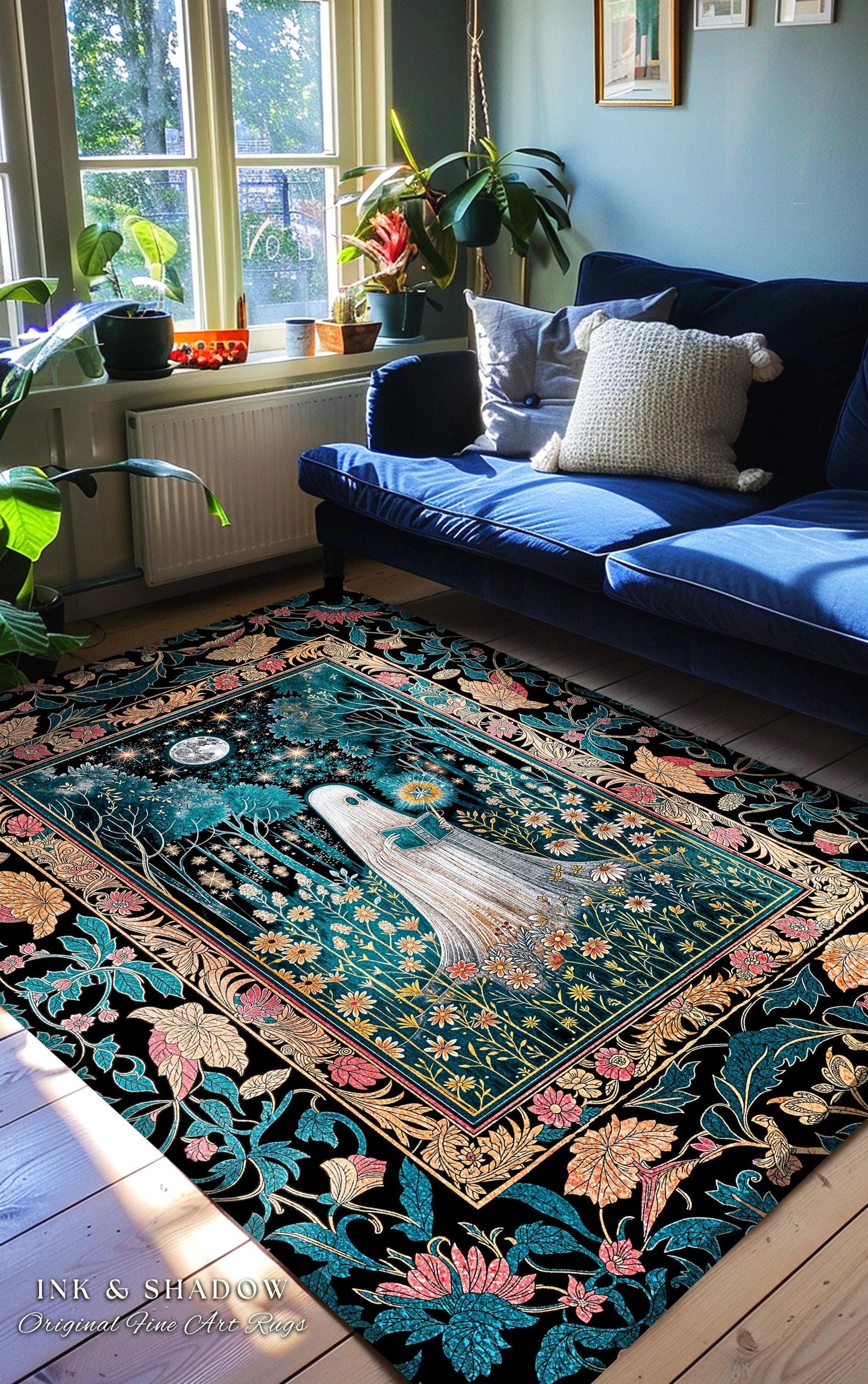Daisy Garden Witchy Ghost Area Rug | Autumn Forest Accent Rug Whimsical Spirit Garden Reading Nook Celestial Gothic Bedroom Halloween Decor