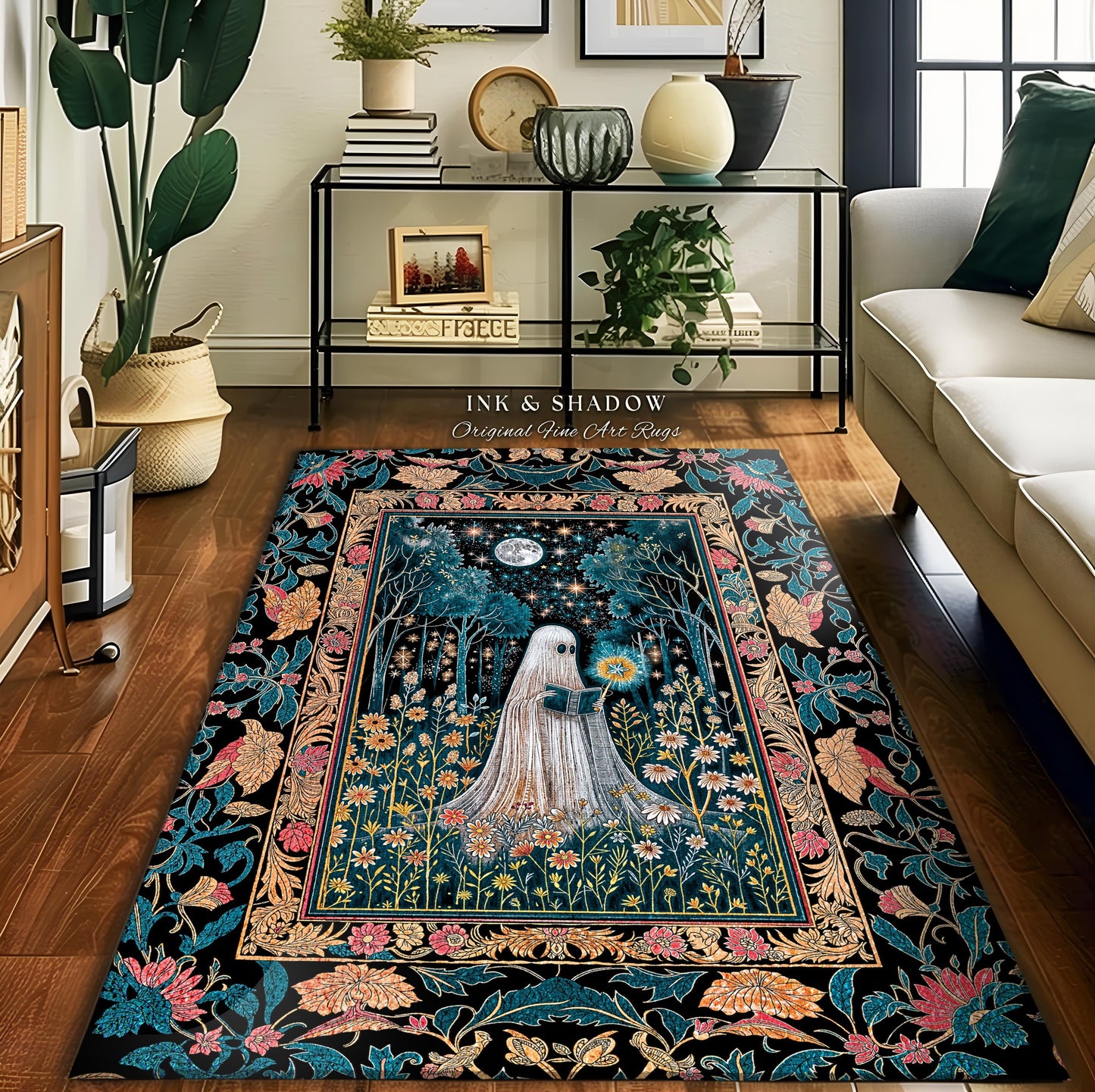 Daisy Garden Witchy Ghost Area Rug | Autumn Forest Accent Rug Whimsical Spirit Garden Reading Nook Celestial Gothic Bedroom Halloween Decor