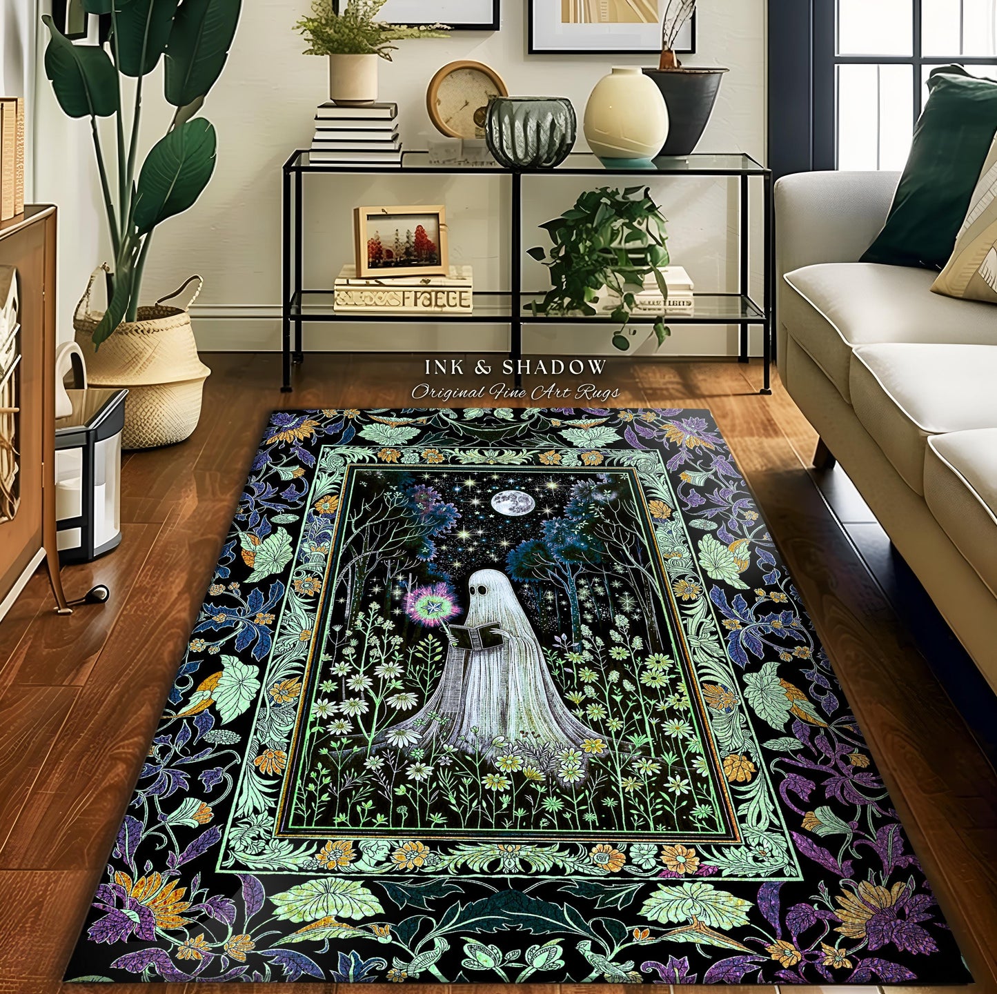Gothic Maximalist Moody Ghost Area Rug | Moonlit Ethereal Cottagecore Rug Celestial Reading Room Accent Whimsical Bedroom Halloween Decor |