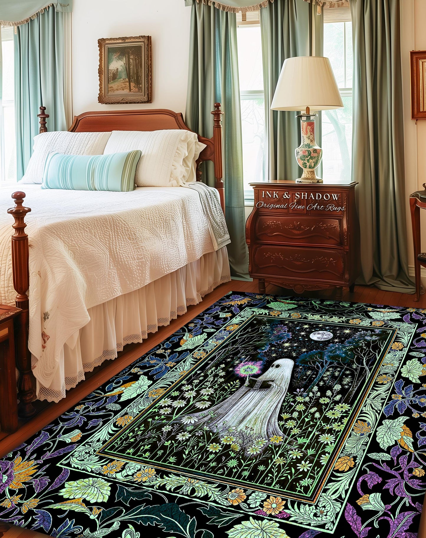 Gothic Maximalist Moody Ghost Area Rug | Moonlit Ethereal Cottagecore Rug Celestial Reading Room Accent Whimsical Bedroom Halloween Decor |