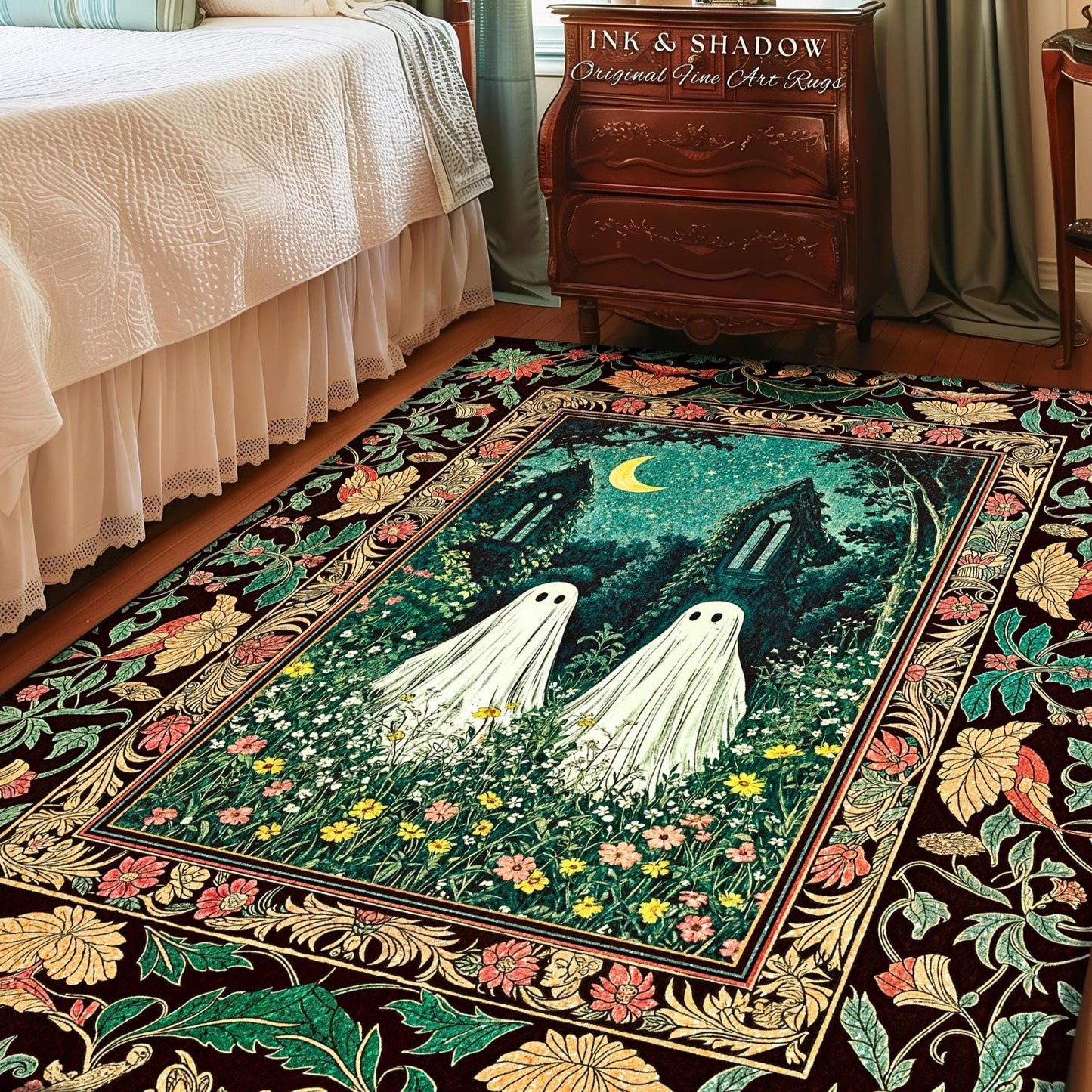 Twilight Floral Ghost Area Rug | Dark Academia Woodland Bedroom Accent Spooky Decor Witchy Fairytale Rug Enchanted Forest Cute Halloween |