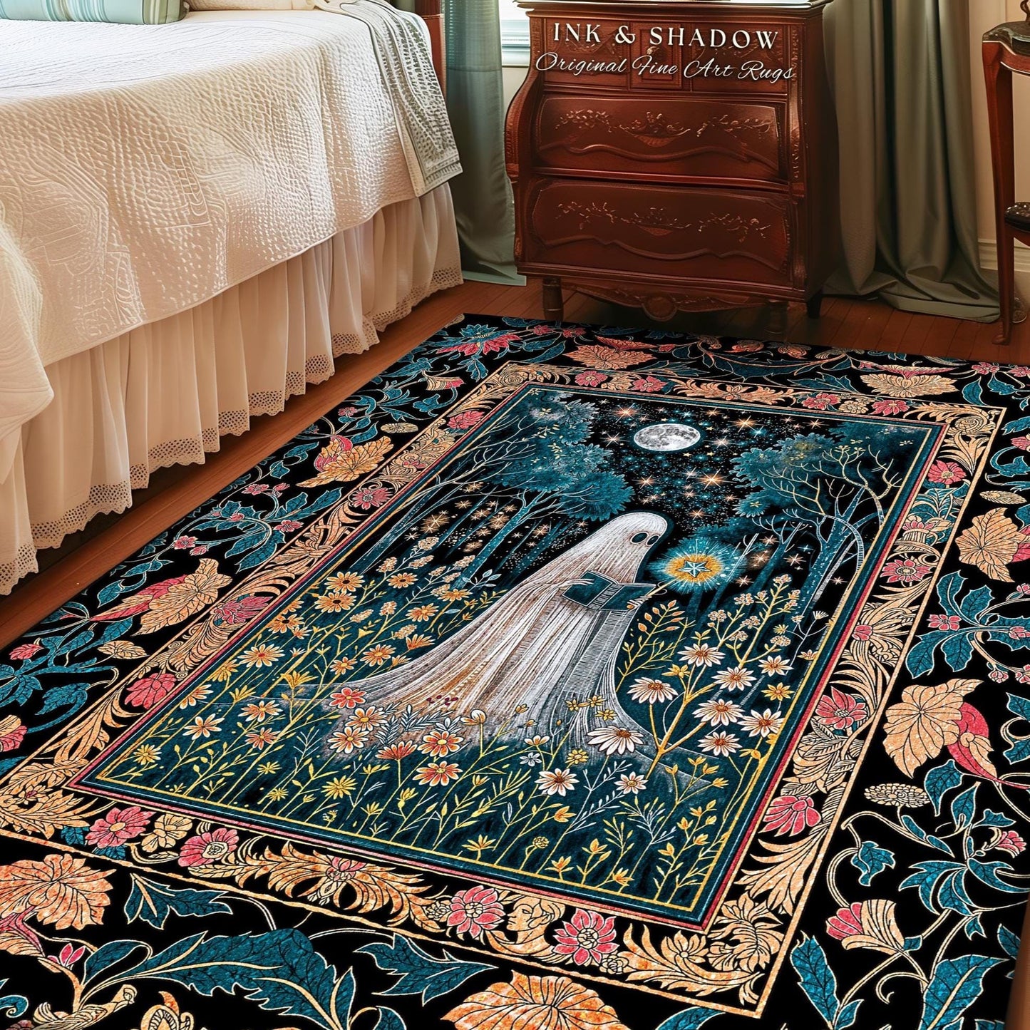 Daisy Garden Witchy Ghost Area Rug | Autumn Forest Accent Rug Whimsical Spirit Garden Reading Nook Celestial Gothic Bedroom Halloween Decor