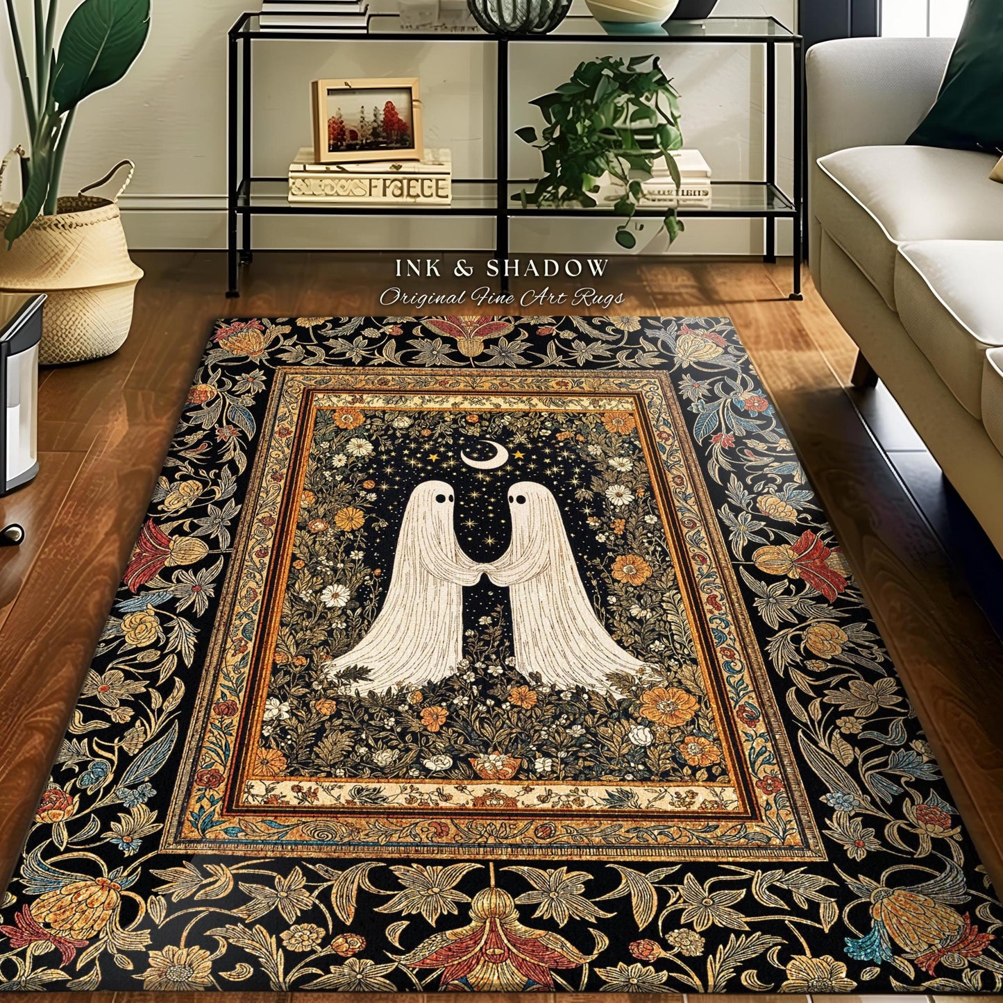 Celestial Starlit Lovers Area Rug | Celestial Cottagecore Halloween Ghost Accent Gothic Bedroom Decor Cozy Dark Floral Whimsigoth Aesthetic