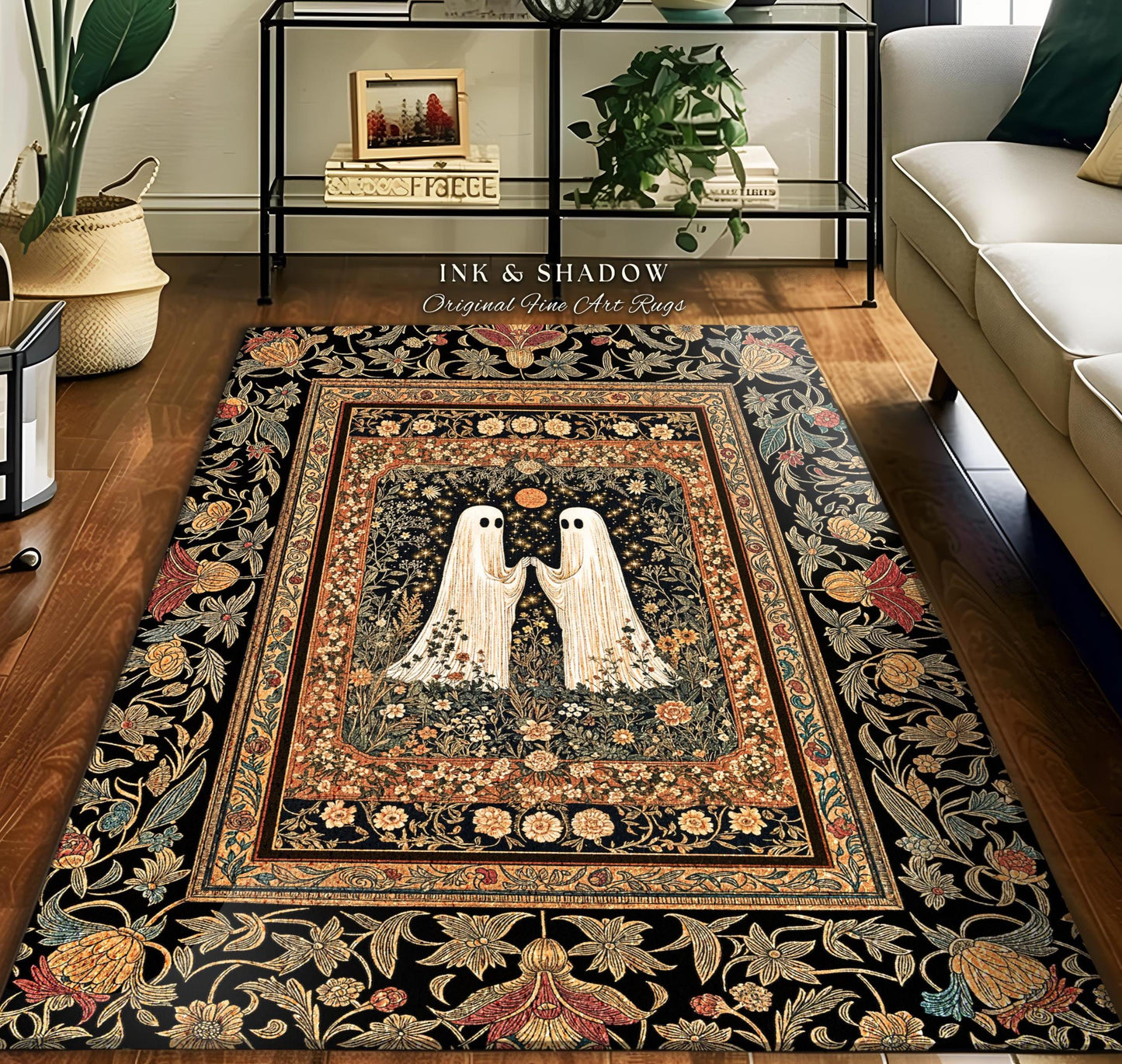 Harvest Moon Floral Ghost Rug | Woodland Halloween Cottagecore Bedroom Decor Whimsigoth Floral Accent Cozy Celestial Spirit Enchanted Gothic