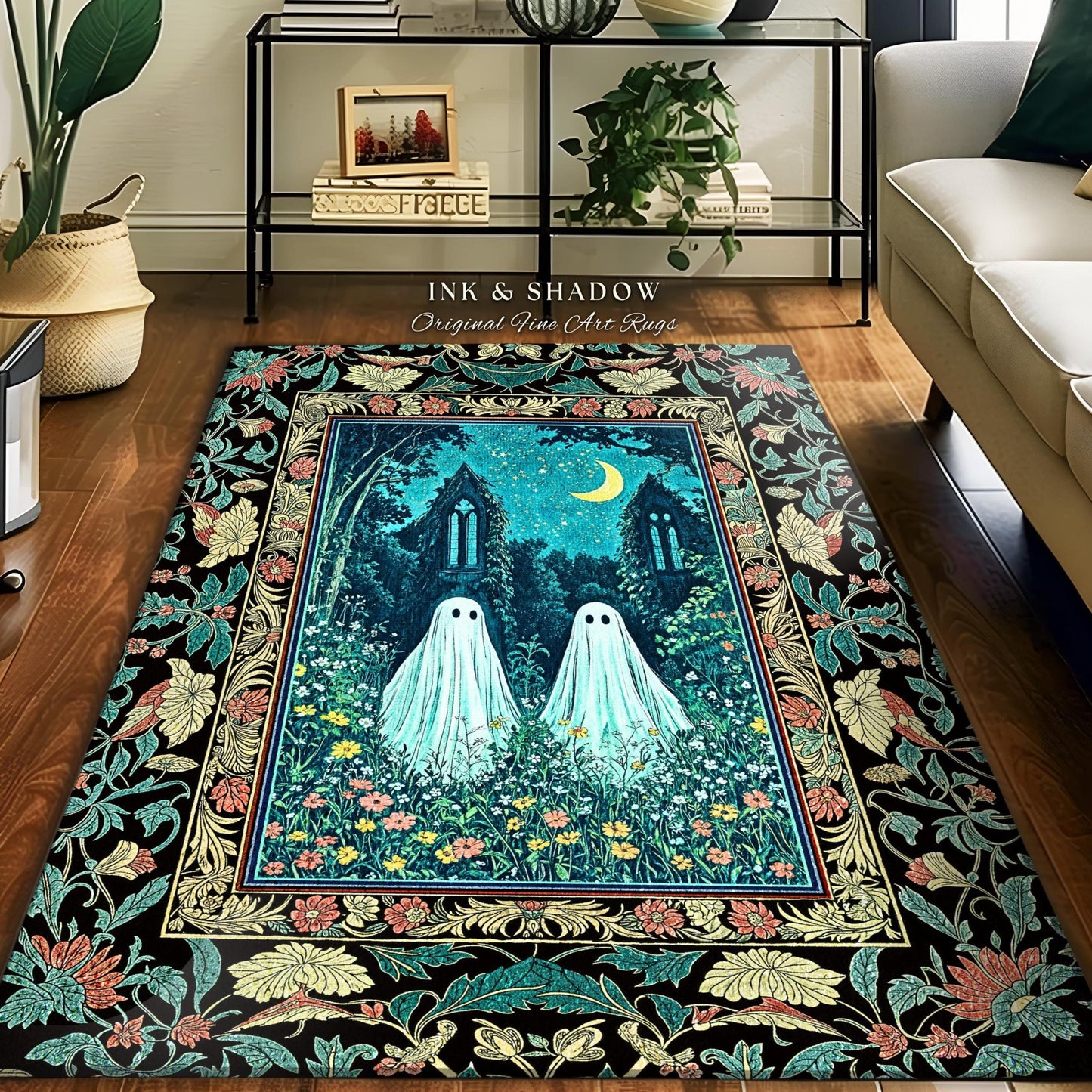 Witchy Baroque Ghost Garden Rug | Cozy Halloween Accent Enchanted Ghost Decor Whimsical Academia Bedroom Celestial Cottagecore Floral Style