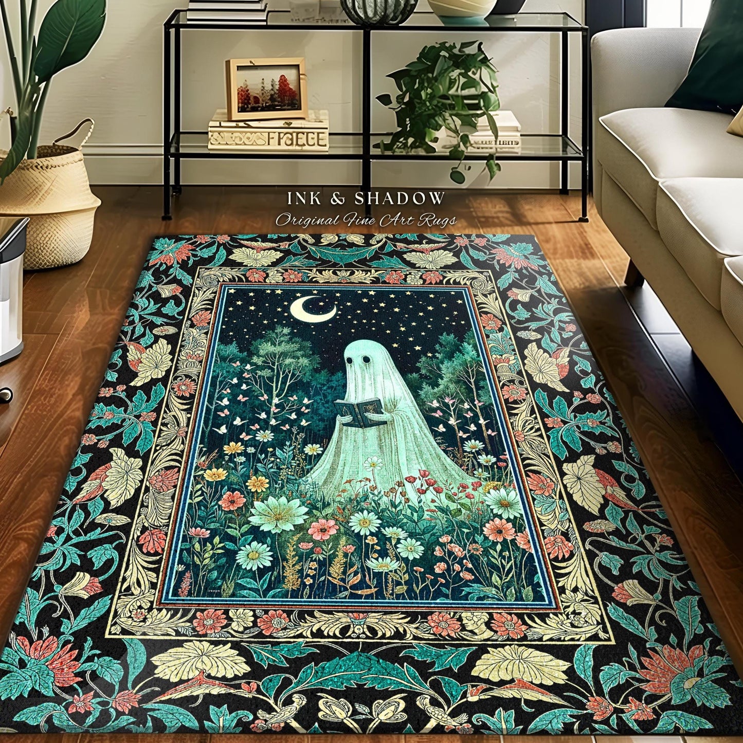 Twilight Magic Reading Ghost Rug | Mystical Cottagecore Halloween Rug Celestial Haunted Book Nook Accent Whimsigoth Home Decor Bookish Style
