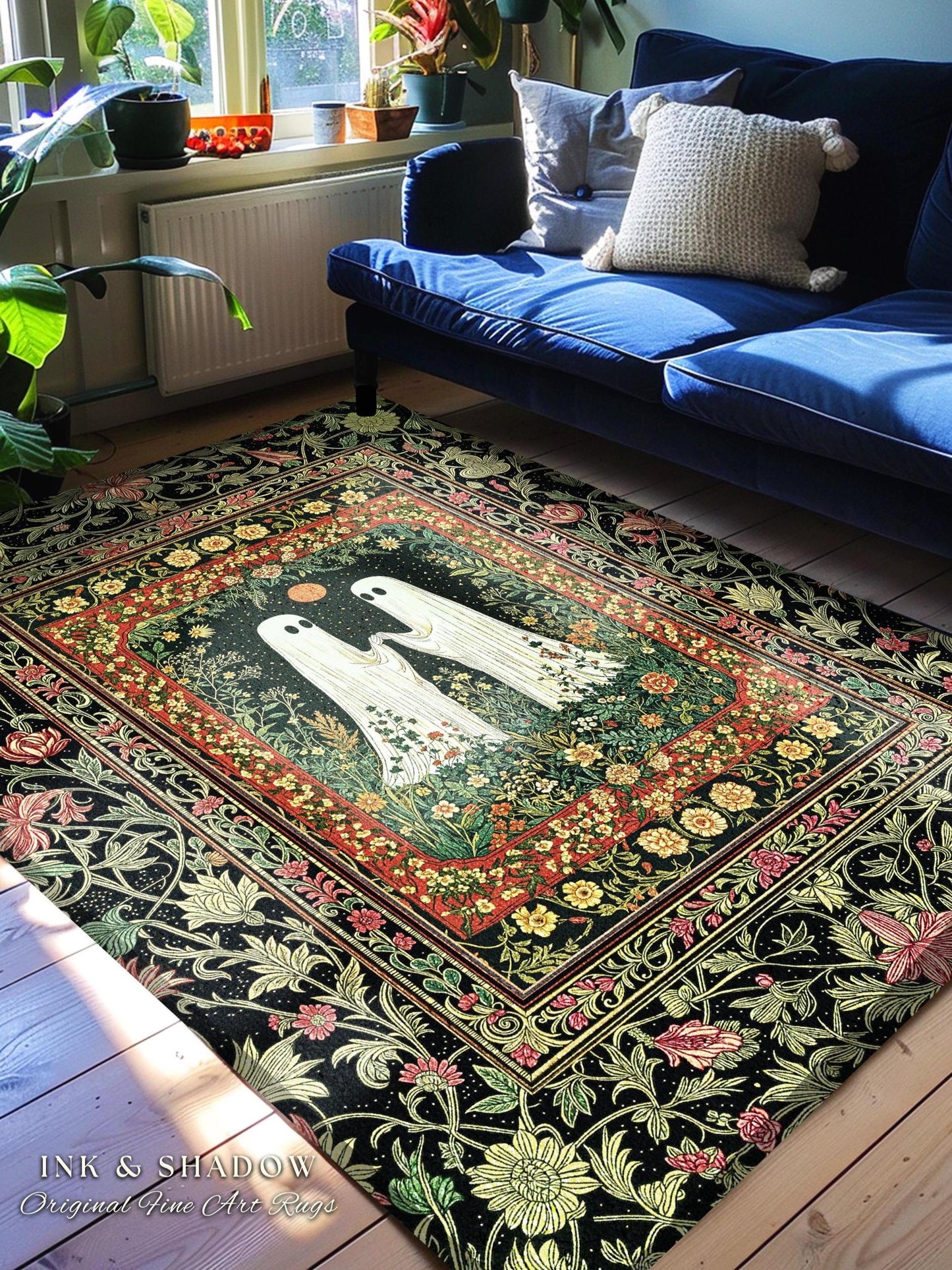 Baroque Haunted Garden Ghost Rug | Elegant Halloween Dark Cottagecore Bedroom Accent Whimsigoth Haunted Cozy Spirit Floral Enchantment Boho