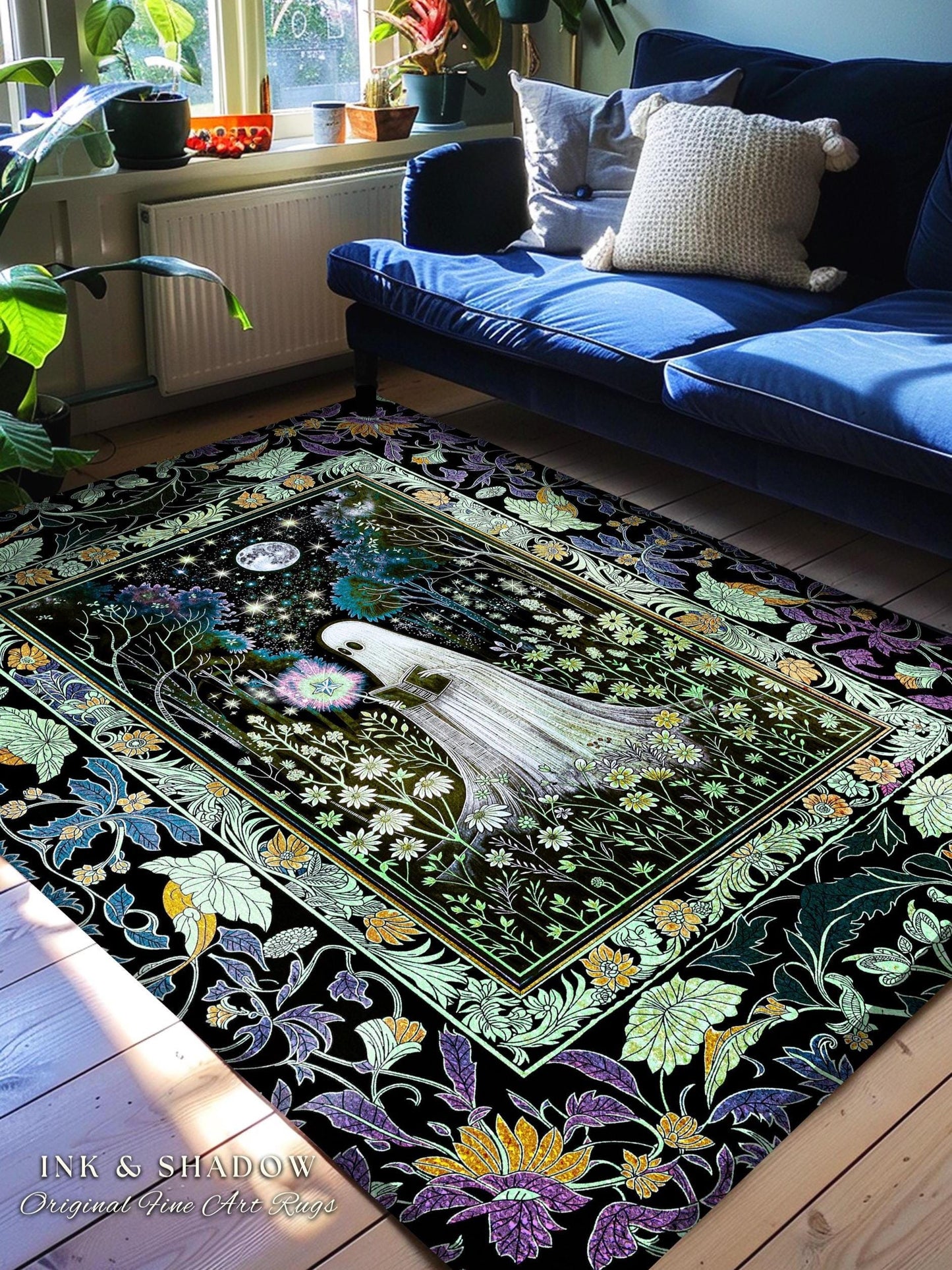 Gothic Maximalist Moody Ghost Area Rug | Moonlit Ethereal Cottagecore Rug Celestial Reading Room Accent Whimsical Bedroom Halloween Decor |