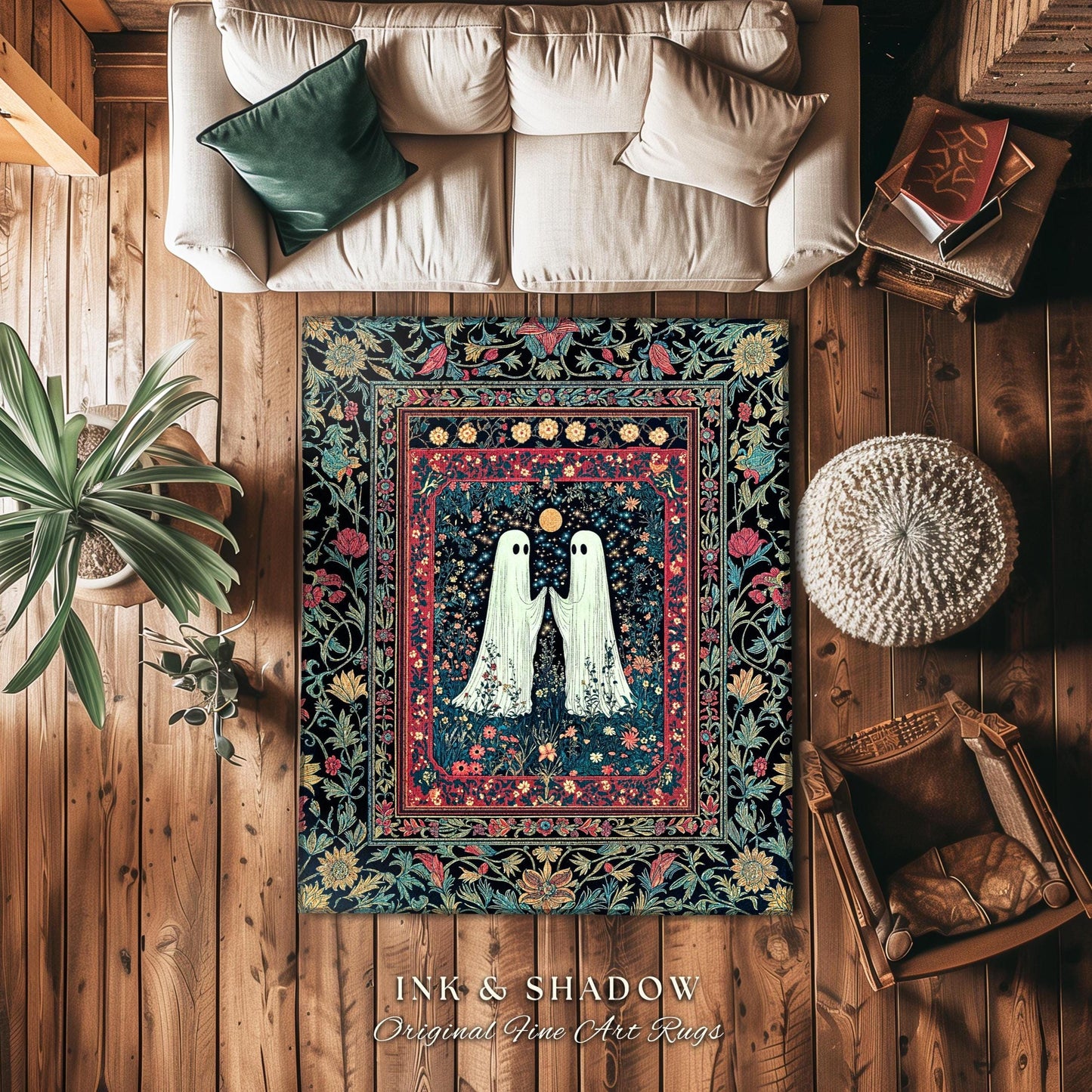 Maximalist Gothic Ghost Area Rug | Moody Whimsigoth Bedroom Decor Cozy Halloween Accent Celestial Floral Gothic Haunted Spirit Enchanted Rug