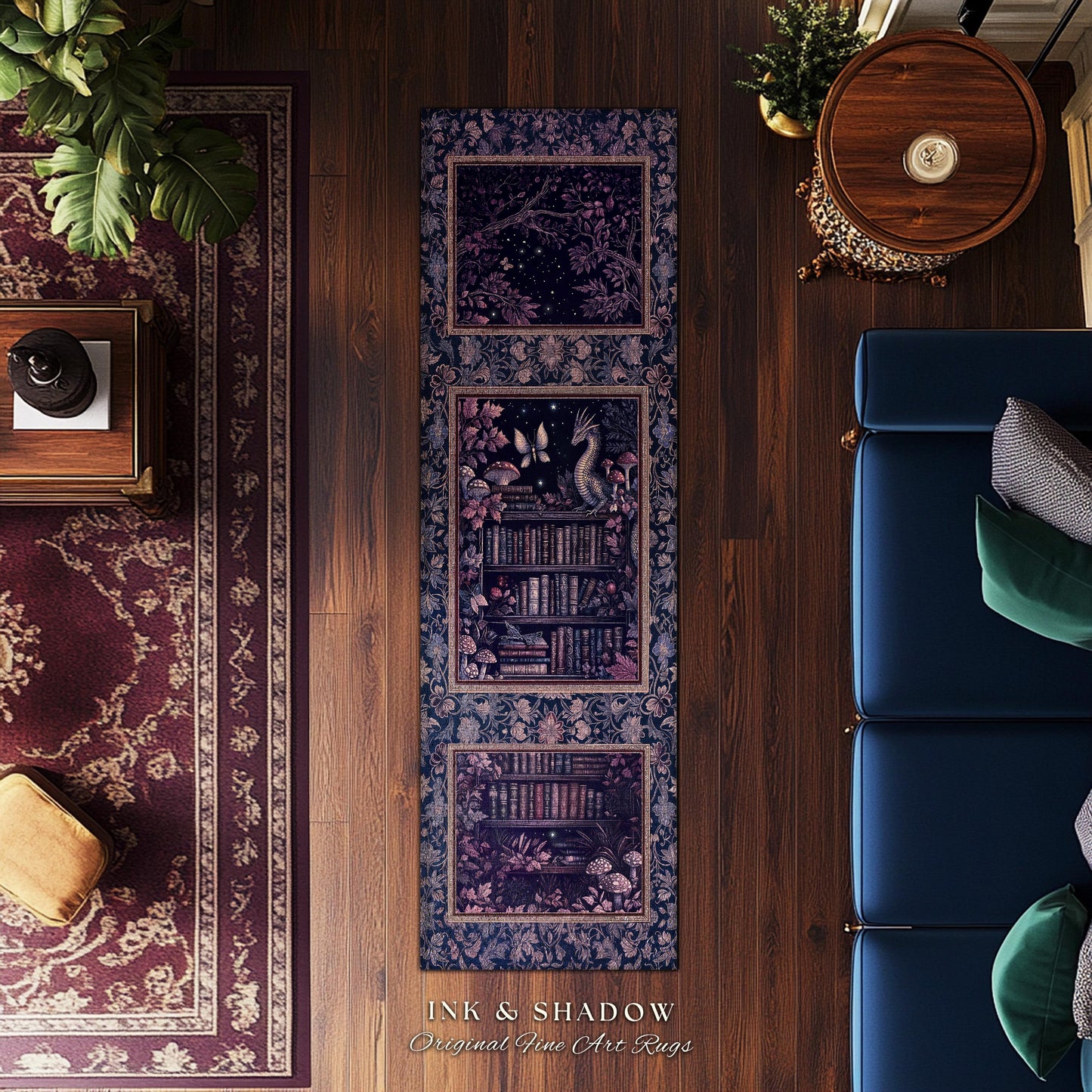 Fairytale Books & Dragon Rug Mystical Cottagecore Purple Decor | Whimsical Witchy Reading Nook Enchanted Victorian Academia Art Area Rug