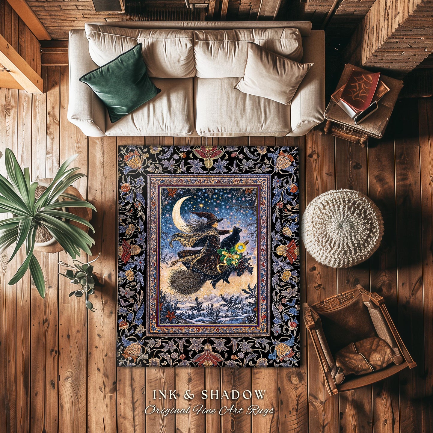 Magic Moonlit Witch Accent Rug | Ethereal Witchy Halloween Bedroom Area Rug Nostalgic Aesthetic Broomstick Black Cat Celestial Home Decor |