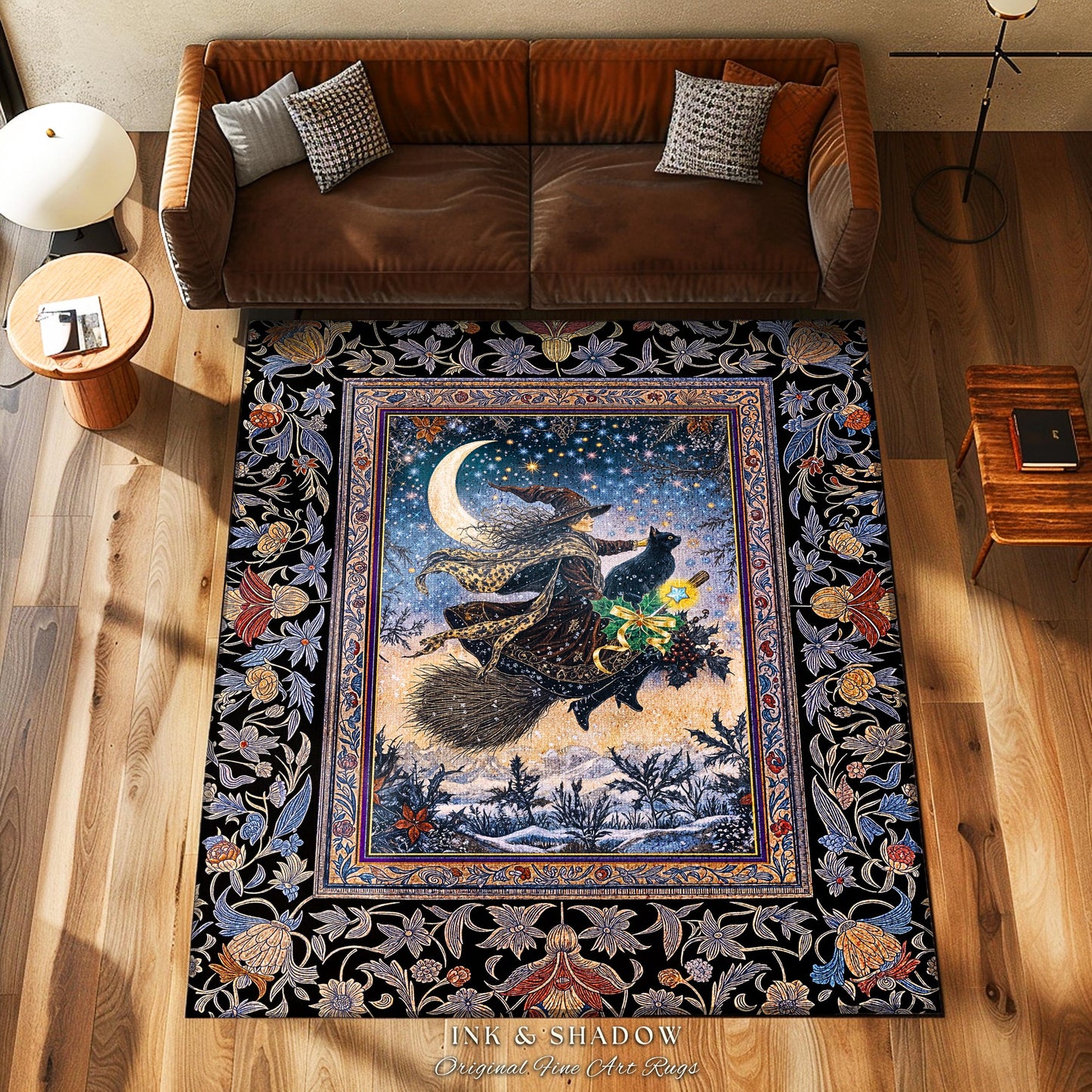 Magic Moonlit Witch Accent Rug | Ethereal Witchy Halloween Bedroom Area Rug Nostalgic Aesthetic Broomstick Black Cat Celestial Home Decor |