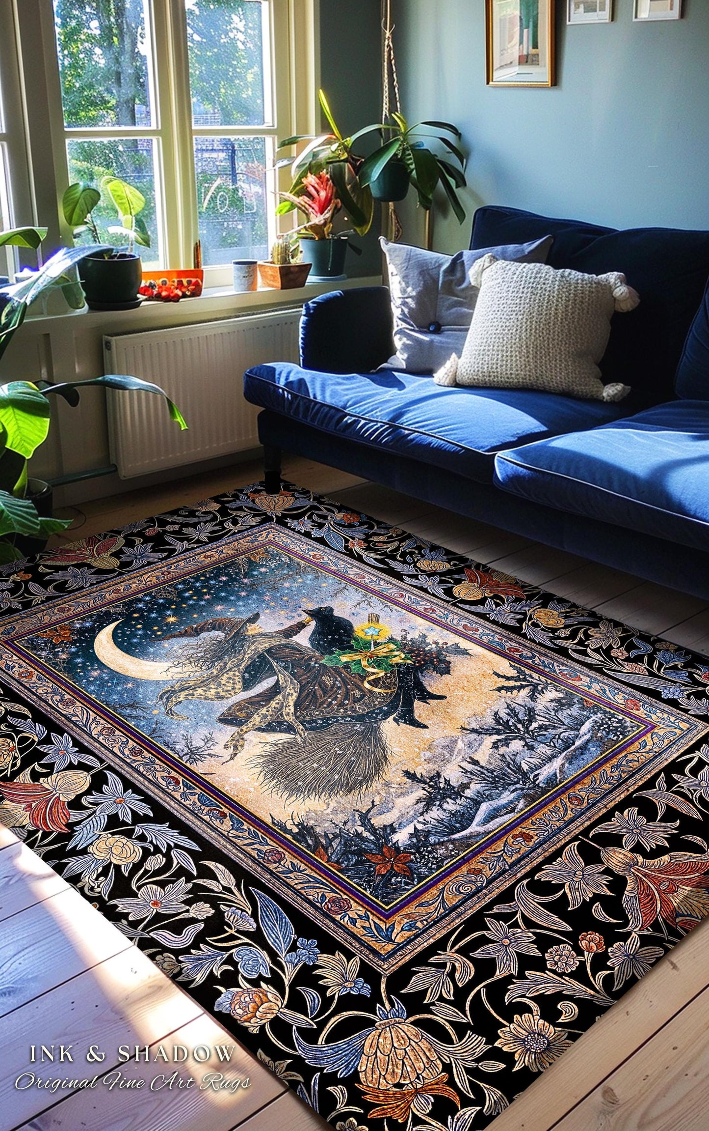 Magic Moonlit Witch Accent Rug | Ethereal Witchy Halloween Bedroom Area Rug Nostalgic Aesthetic Broomstick Black Cat Celestial Home Decor |