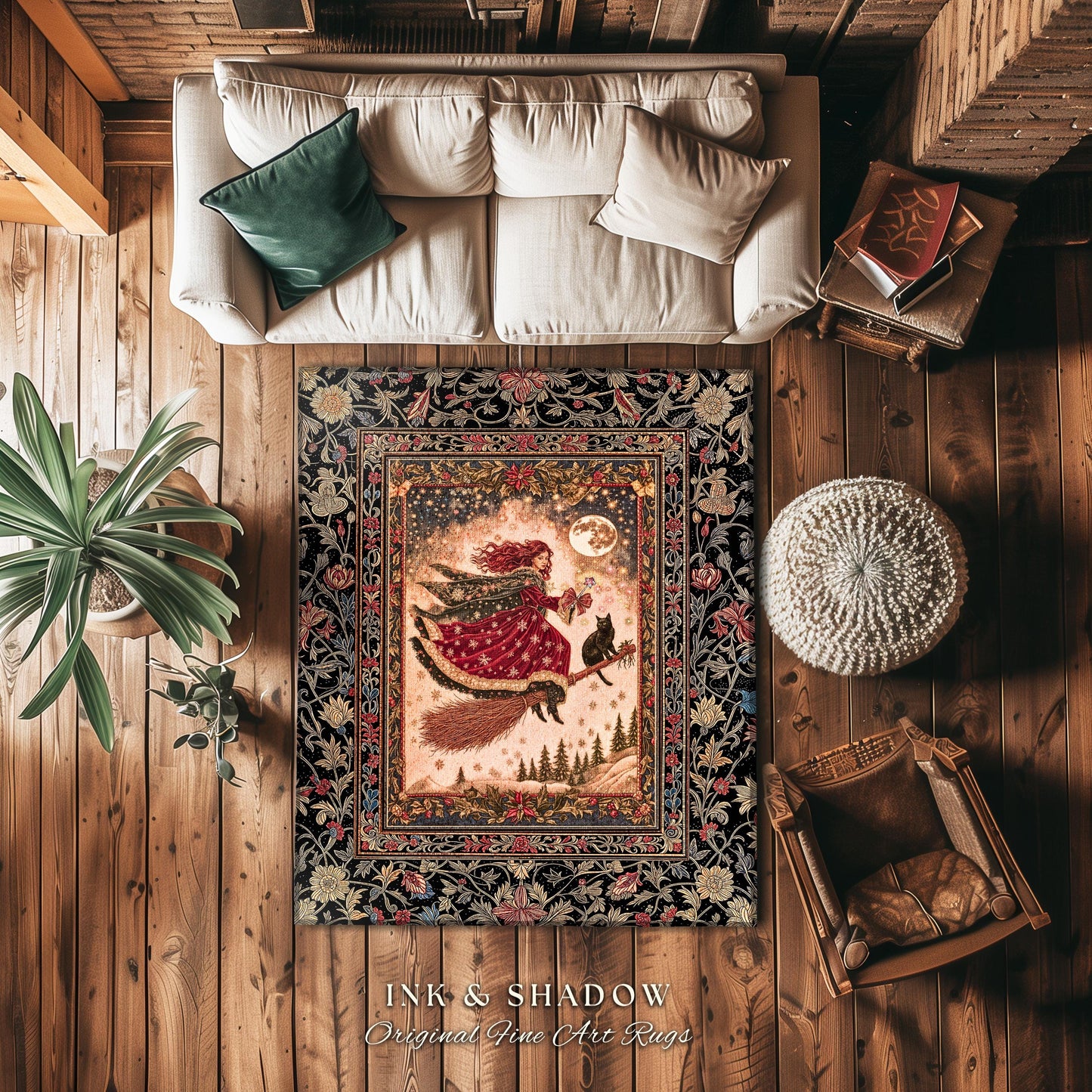 Mystical Black Cat Witch Area Rug | Fairytale Decor Gothic Cottagecore Broomstick Halloween Whimsy Gothic Maximalist Aesthetic Accent Rustic