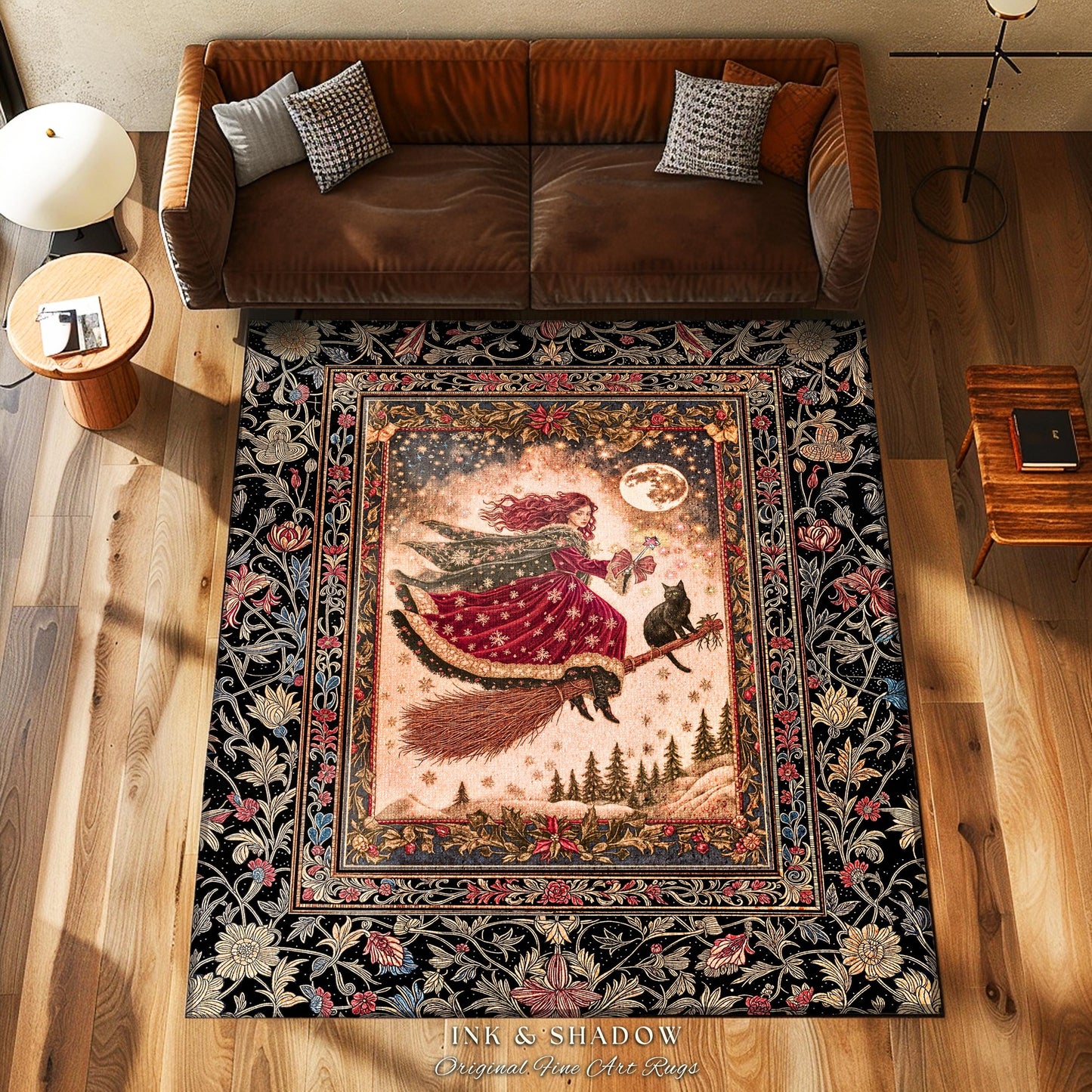 Mystical Black Cat Witch Area Rug | Fairytale Decor Gothic Cottagecore Broomstick Halloween Whimsy Gothic Maximalist Aesthetic Accent Rustic
