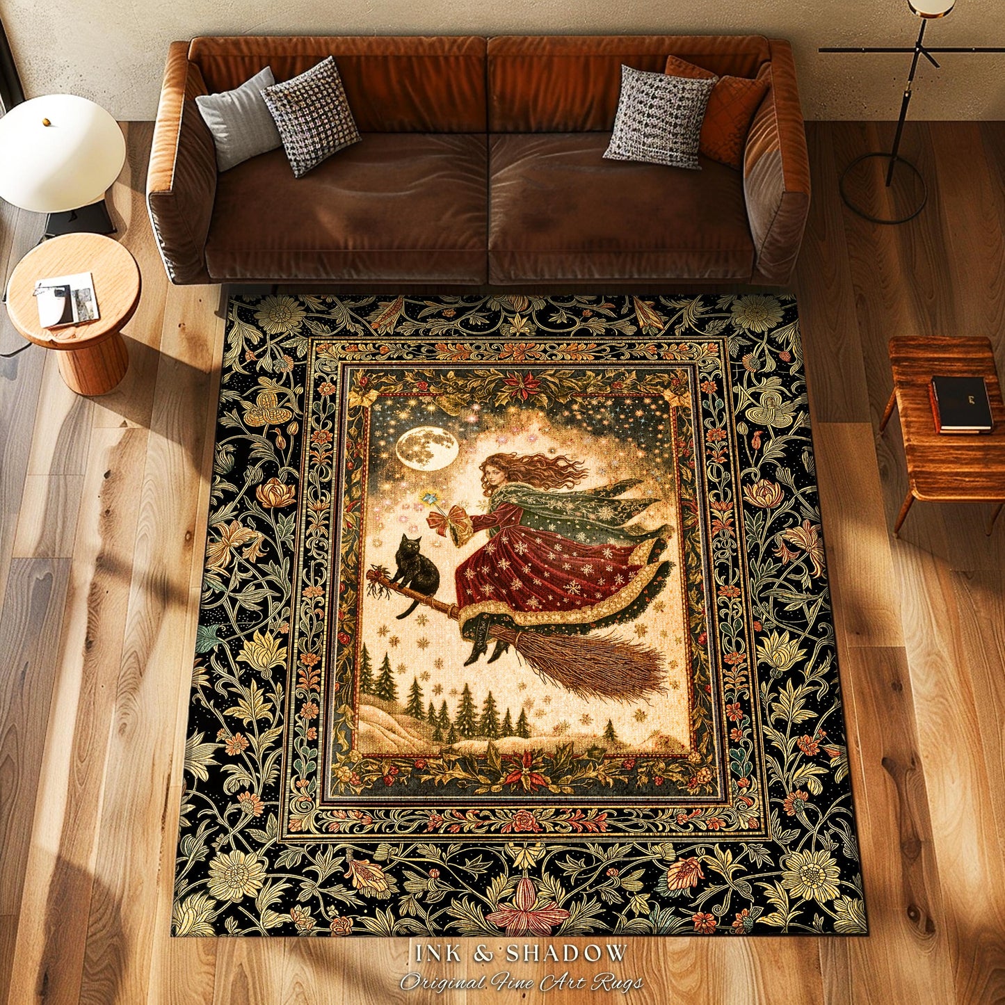 Whimsical Witchy Broomstick Accent Rug | Fairytale Gothic Decor Mystic Black Cat Celestial Moon Bedroom Botanical Dark Academia Cottagecore