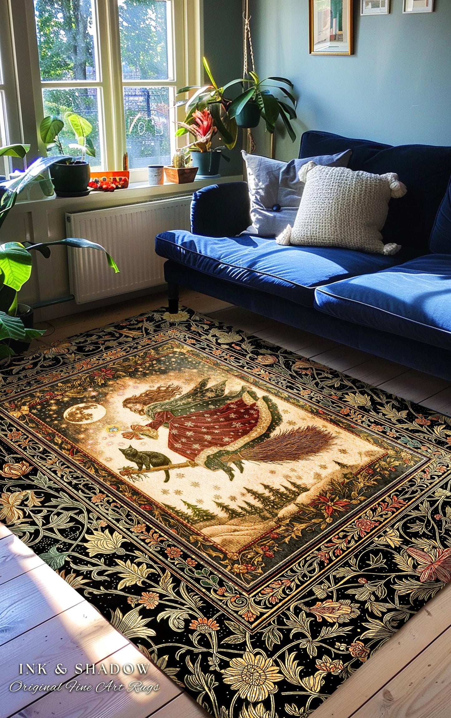 Whimsical Witchy Broomstick Accent Rug | Fairytale Gothic Decor Mystic Black Cat Celestial Moon Bedroom Botanical Dark Academia Cottagecore