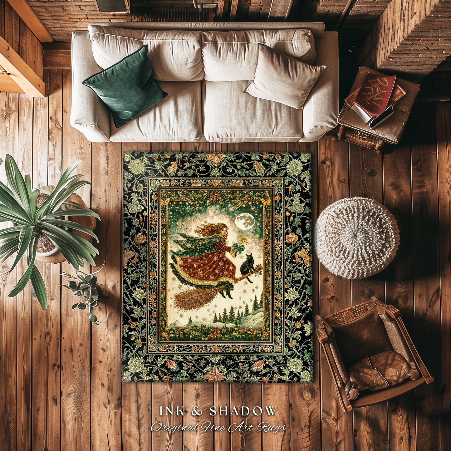 Holiday Witch Black Cat Area Rug | Nostalgic Halloween Enchanted Cottagecore Decor Mystic Aesthetic Winter Bedroom Accent Gothic Elegance |